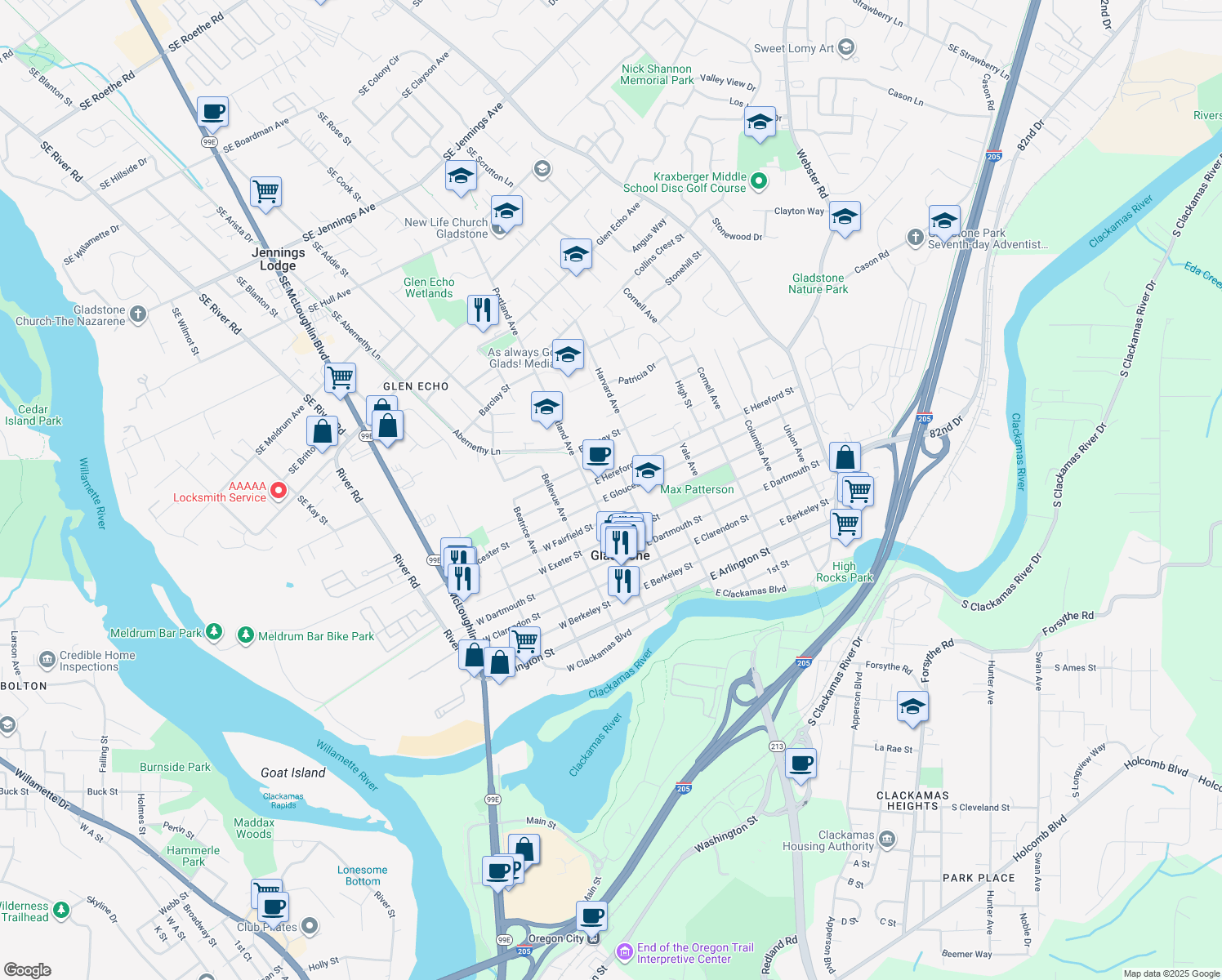 map of restaurants, bars, coffee shops, grocery stores, and more near 150 East Gloucester Street in Gladstone