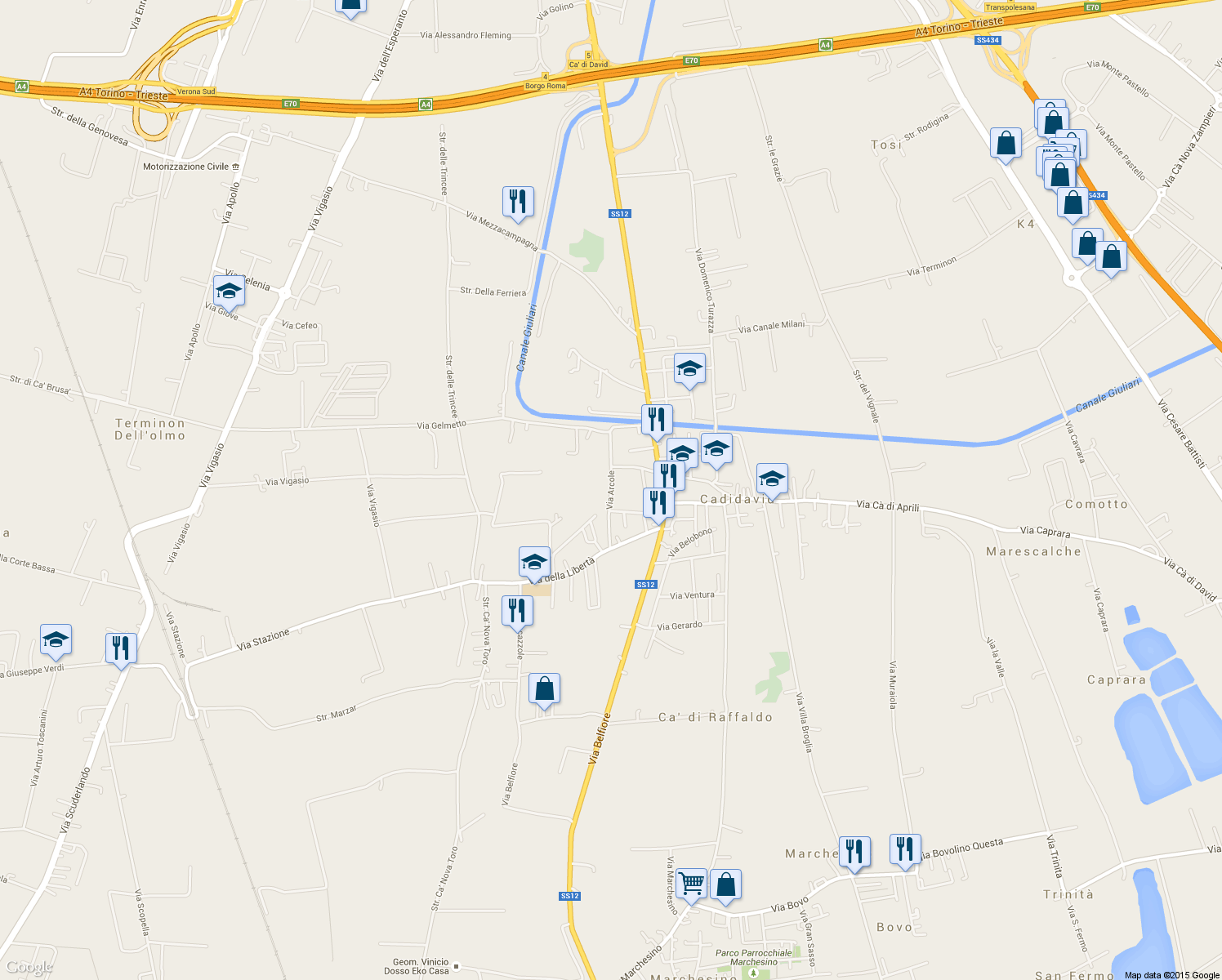 map of restaurants, bars, coffee shops, grocery stores, and more near Via Arcole in Verona