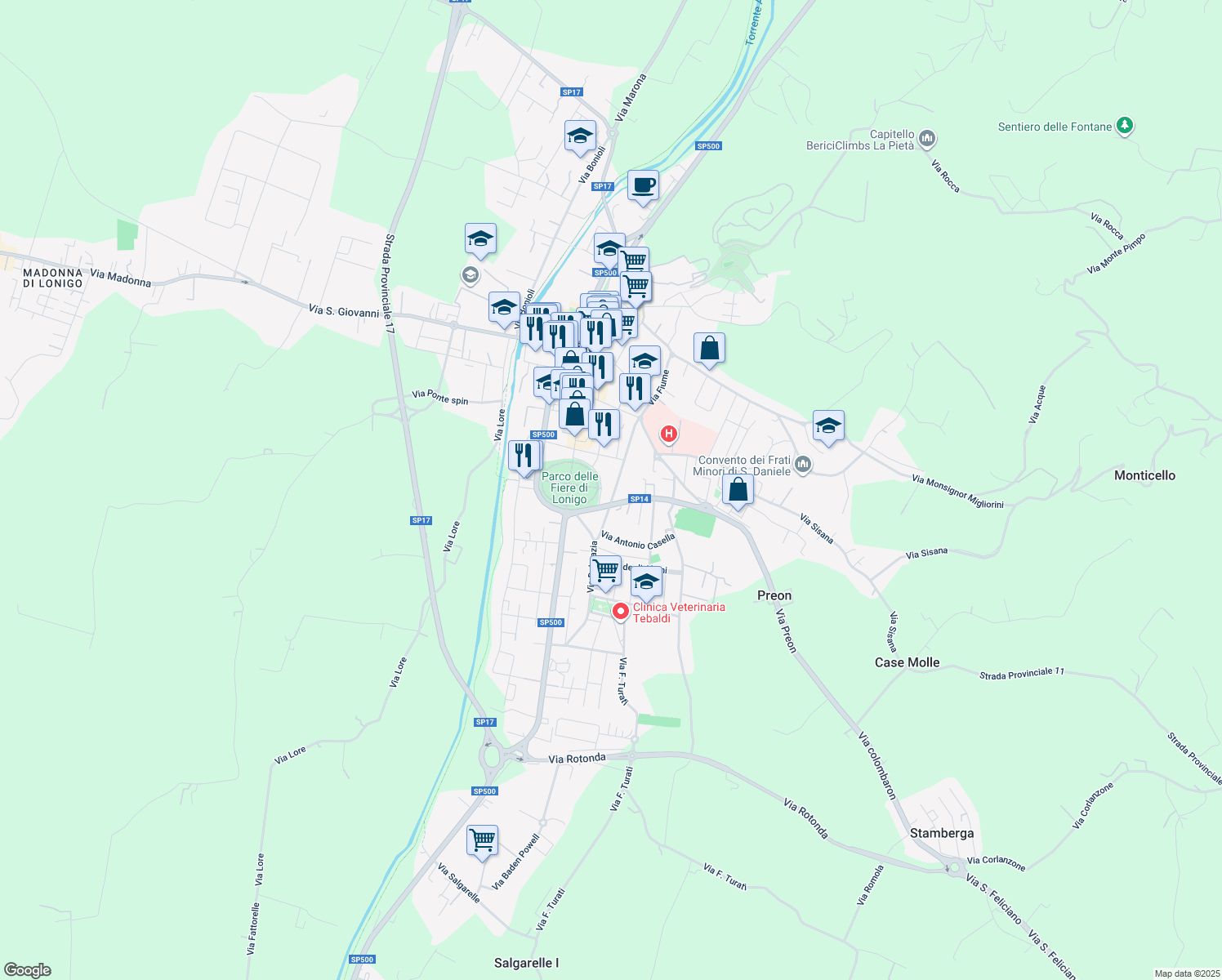 map of restaurants, bars, coffee shops, grocery stores, and more near 52 Via 24 Maggio in Lonigo