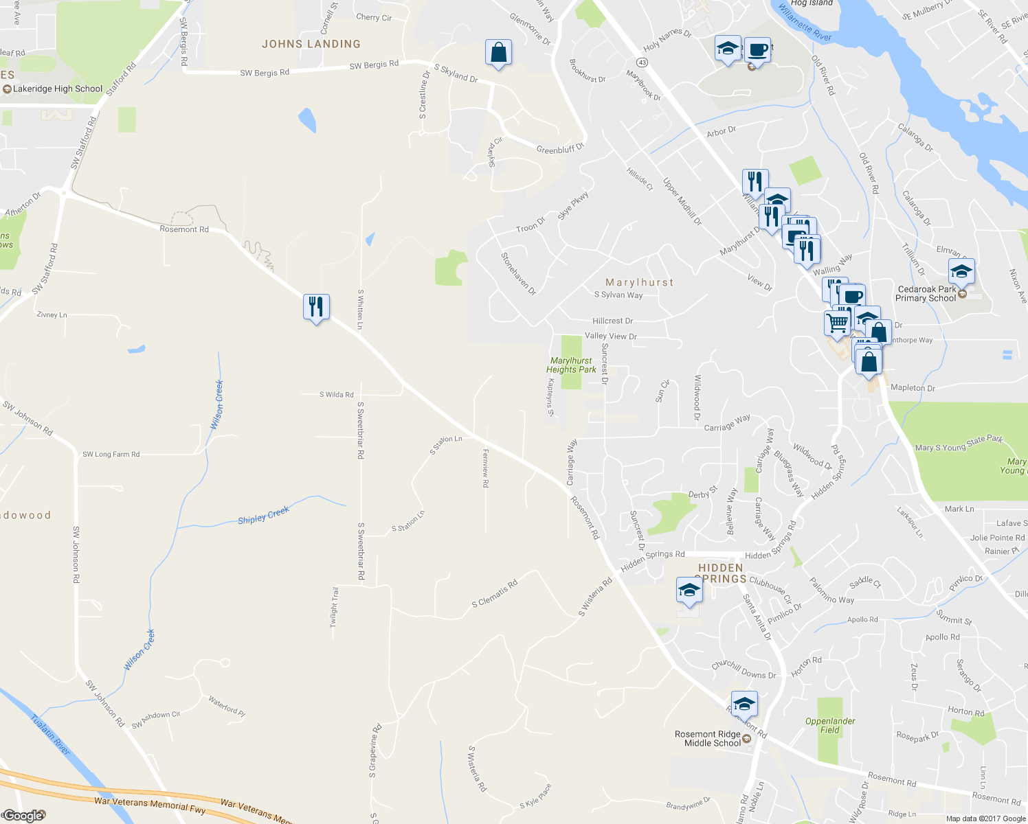 map of restaurants, bars, coffee shops, grocery stores, and more near 19621 South Hazelhurst Lane in West Linn