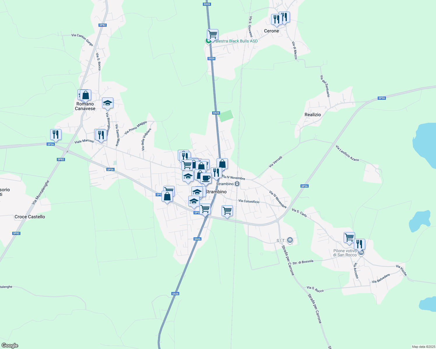 map of restaurants, bars, coffee shops, grocery stores, and more near 15 Corso Torino in Strambino