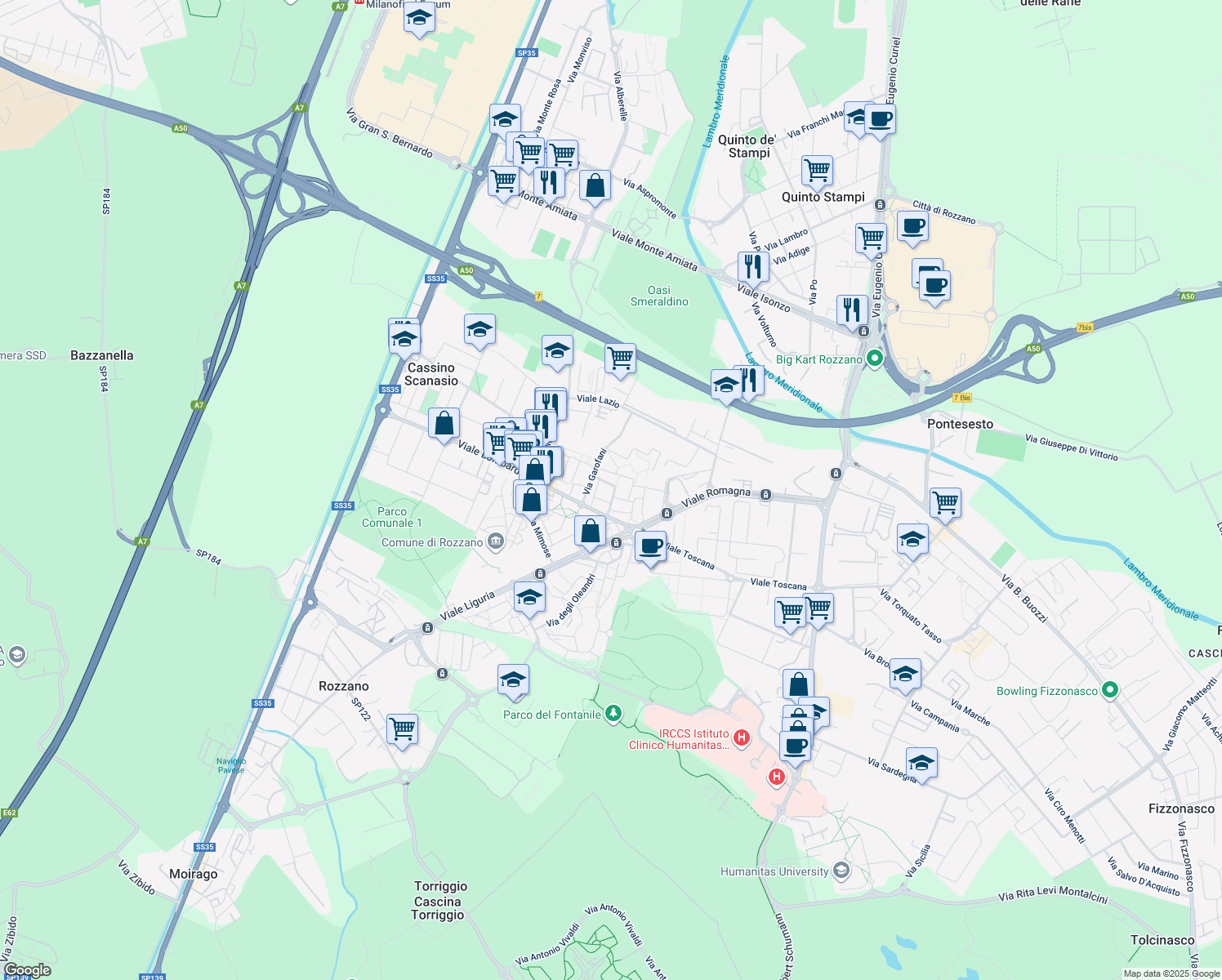 map of restaurants, bars, coffee shops, grocery stores, and more near 9 Via delle Begonie in Rozzano