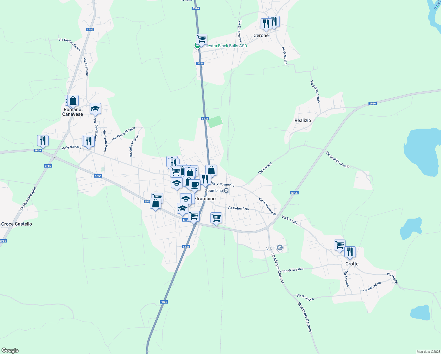 map of restaurants, bars, coffee shops, grocery stores, and more near 22 Via IV Novembre in Strambino
