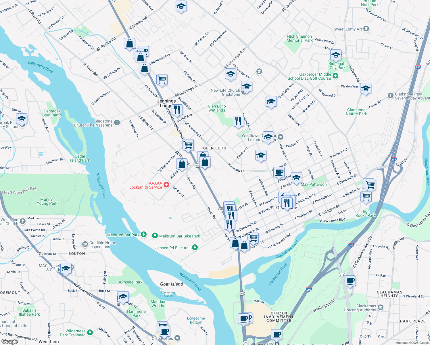 map of restaurants, bars, coffee shops, grocery stores, and more near 525 Welter Cir in Gladstone