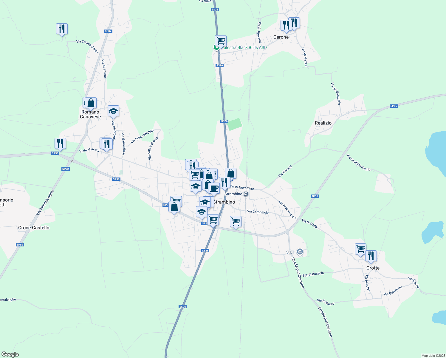 map of restaurants, bars, coffee shops, grocery stores, and more near 51 Via Somis in Strambino
