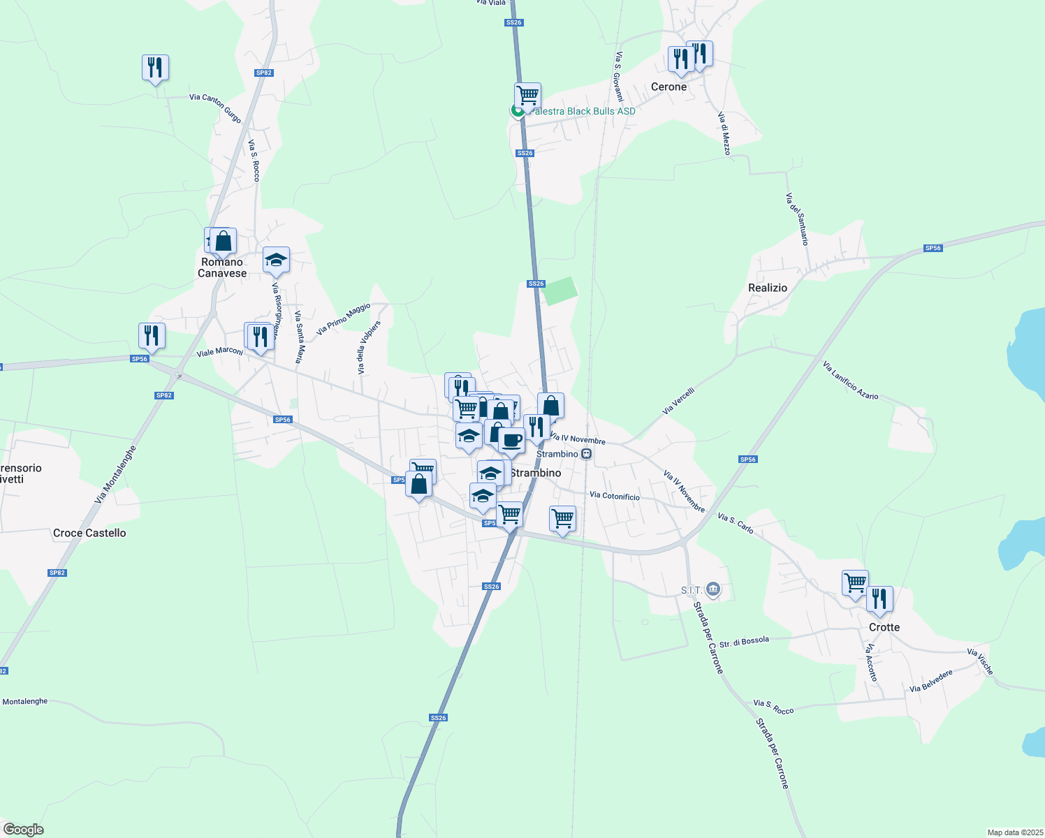 map of restaurants, bars, coffee shops, grocery stores, and more near 51 Via Somis in Strambino