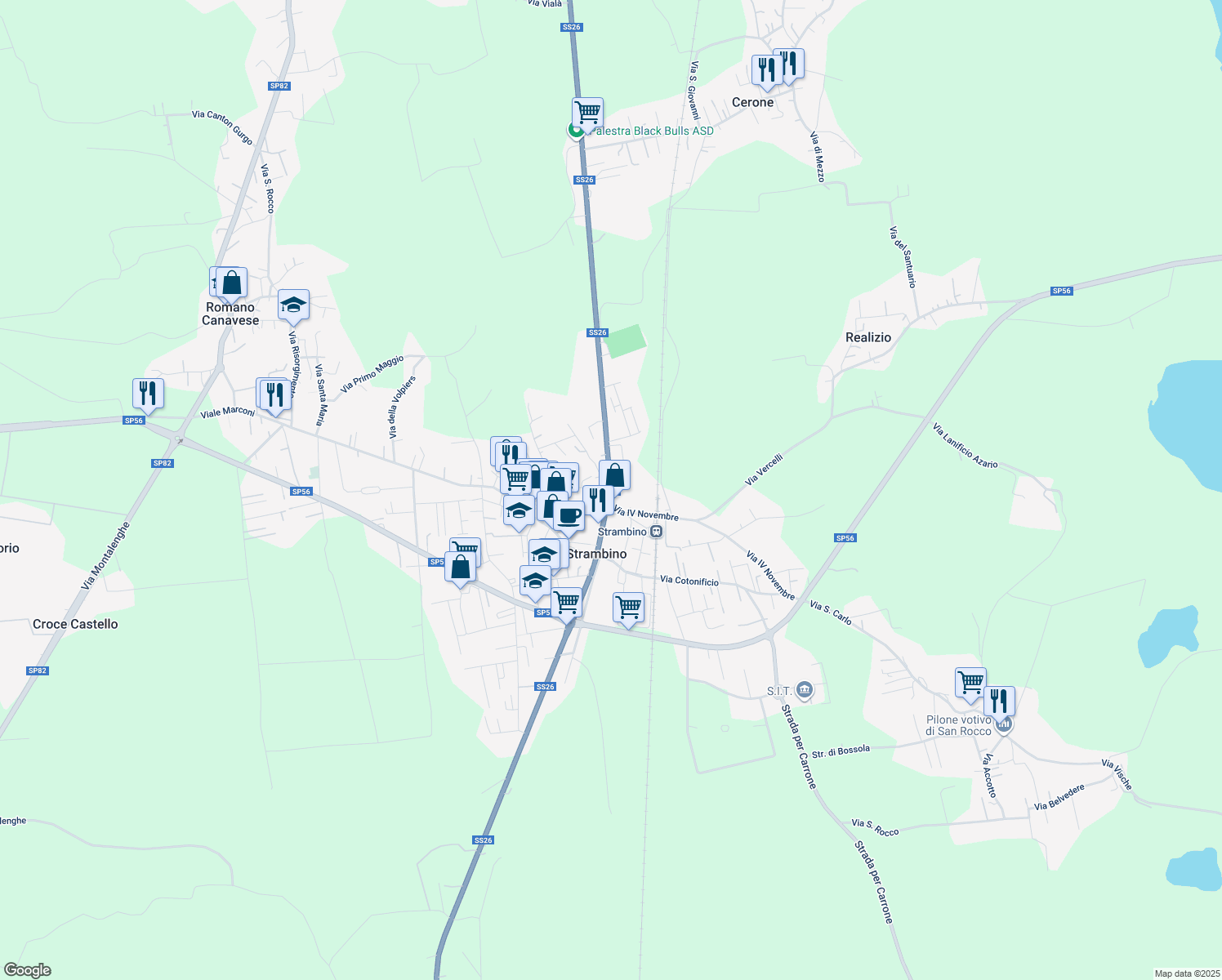 map of restaurants, bars, coffee shops, grocery stores, and more near 15-17 Corso Torino in Strambino