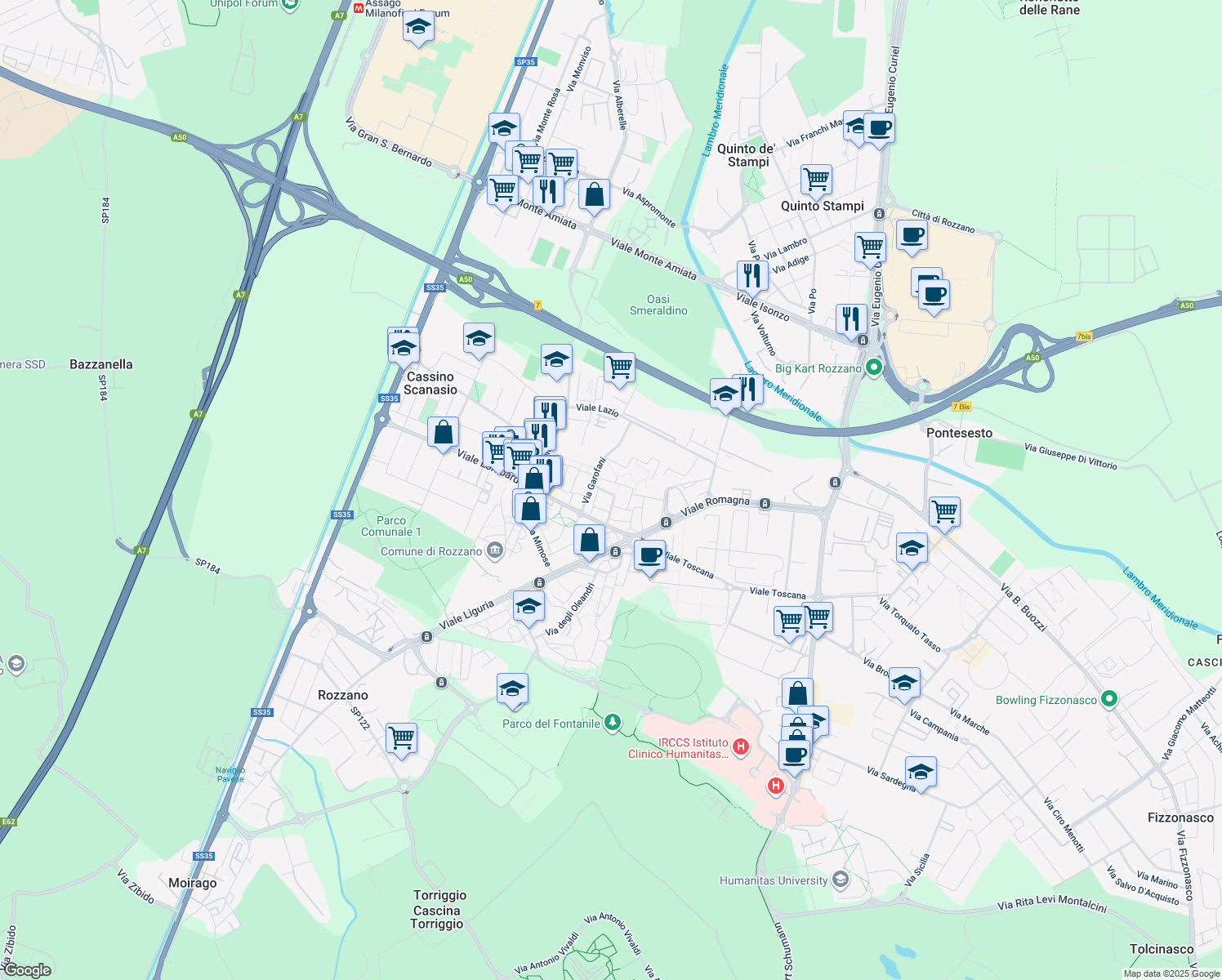 map of restaurants, bars, coffee shops, grocery stores, and more near 9 Via Begonie in Rozzano