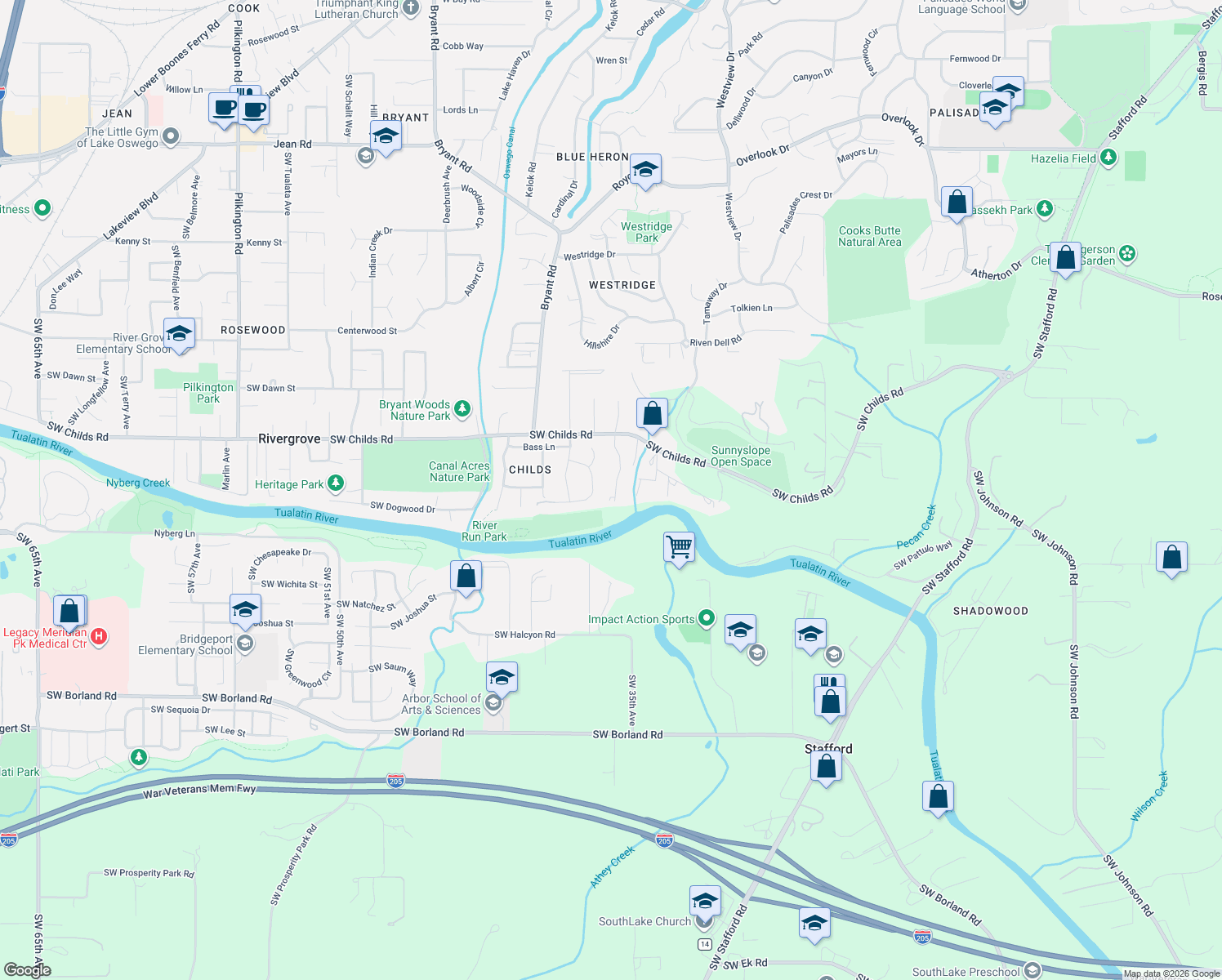 map of restaurants, bars, coffee shops, grocery stores, and more near 19547 35th Court in Lake Oswego