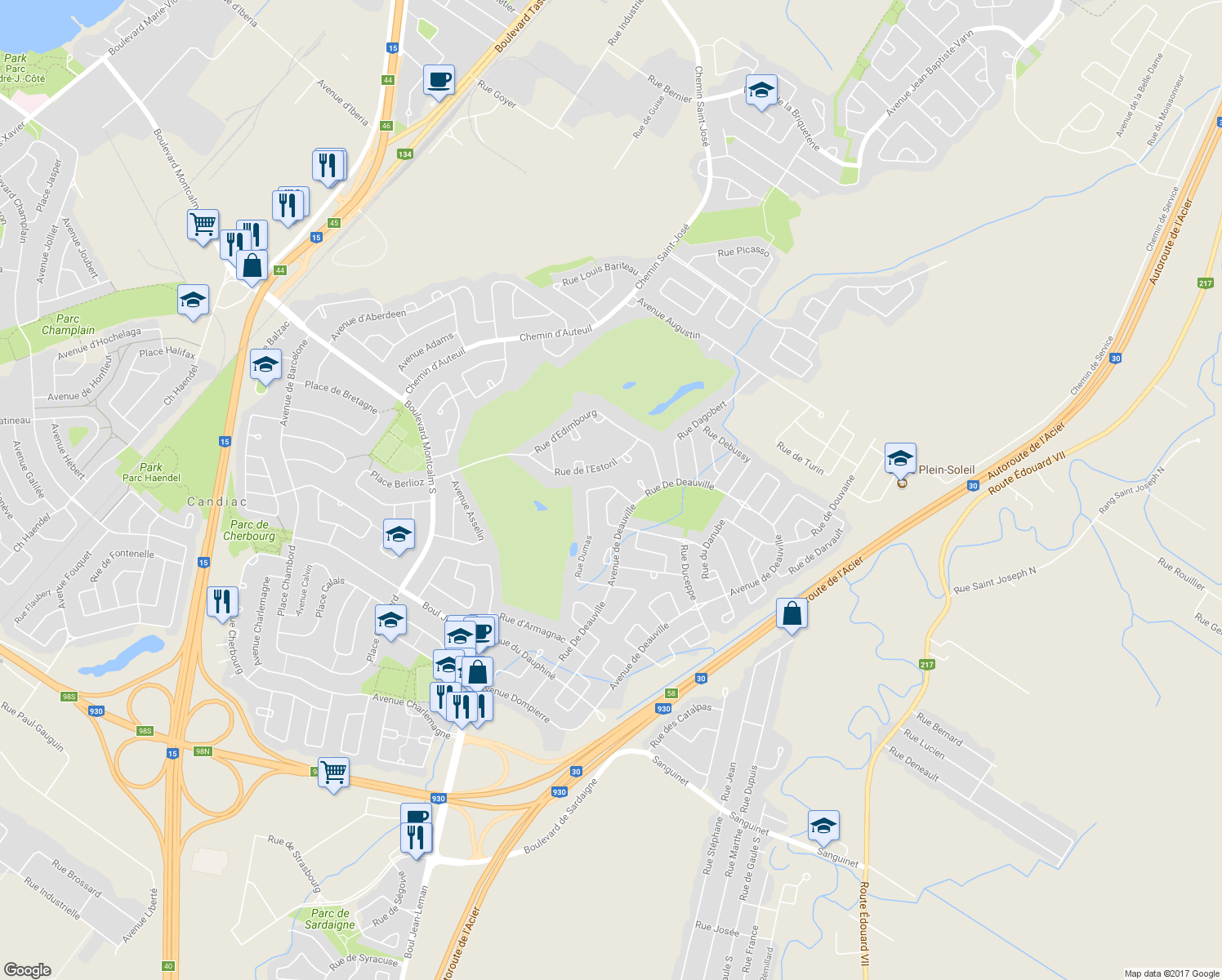 map of restaurants, bars, coffee shops, grocery stores, and more near 56 Rue Dumas in Candiac