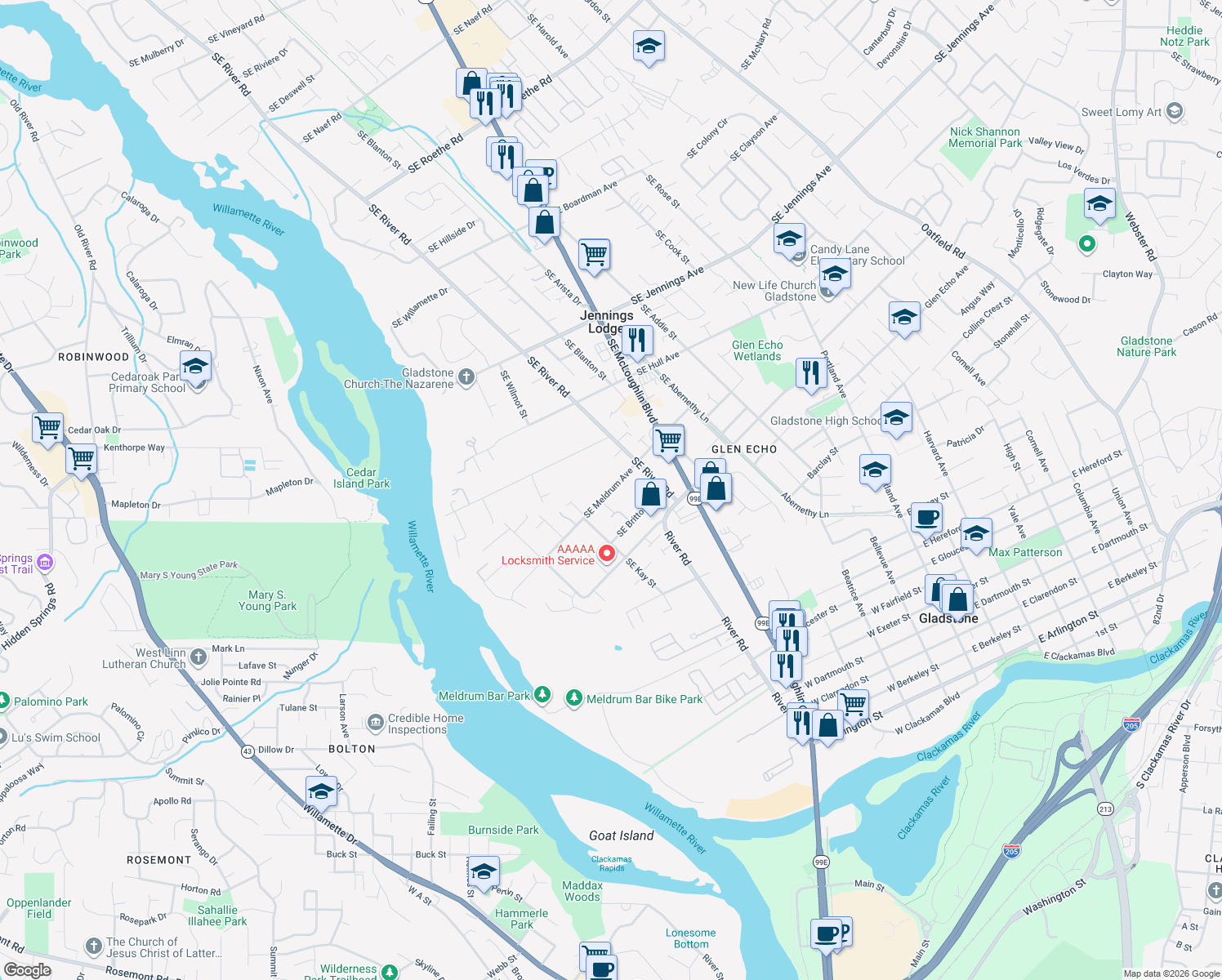 map of restaurants, bars, coffee shops, grocery stores, and more near Southeast Meldrum Avenue in Milwaukie