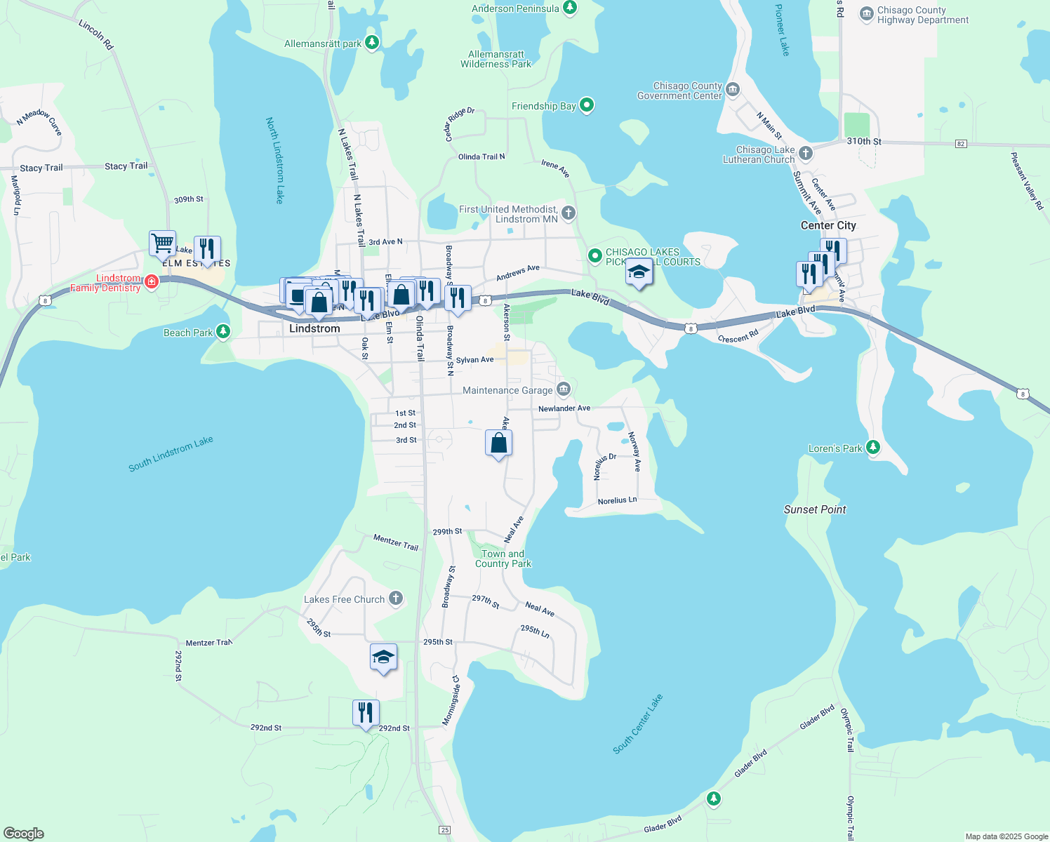 map of restaurants, bars, coffee shops, grocery stores, and more near 30220 Neal Ave in Lindstrom