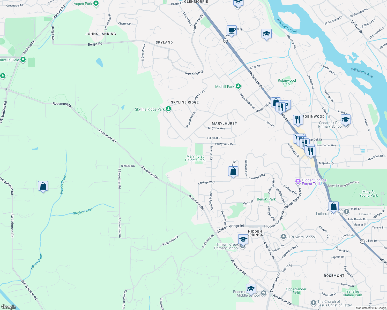 map of restaurants, bars, coffee shops, grocery stores, and more near 19292 Kapteyns Street in West Linn