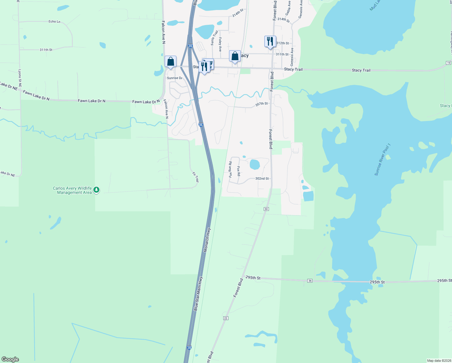 map of restaurants, bars, coffee shops, grocery stores, and more near 30198 Fox Run Rd in Stacy