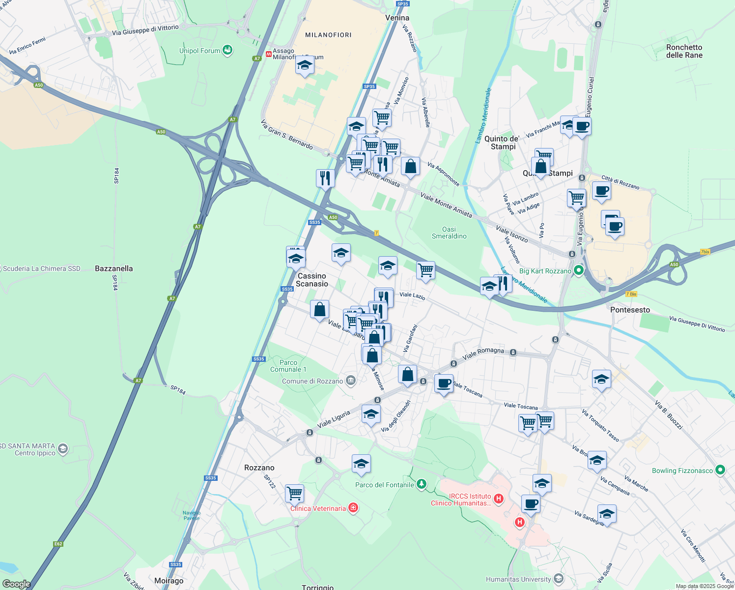 map of restaurants, bars, coffee shops, grocery stores, and more near 65 Via Torino in Rozzano