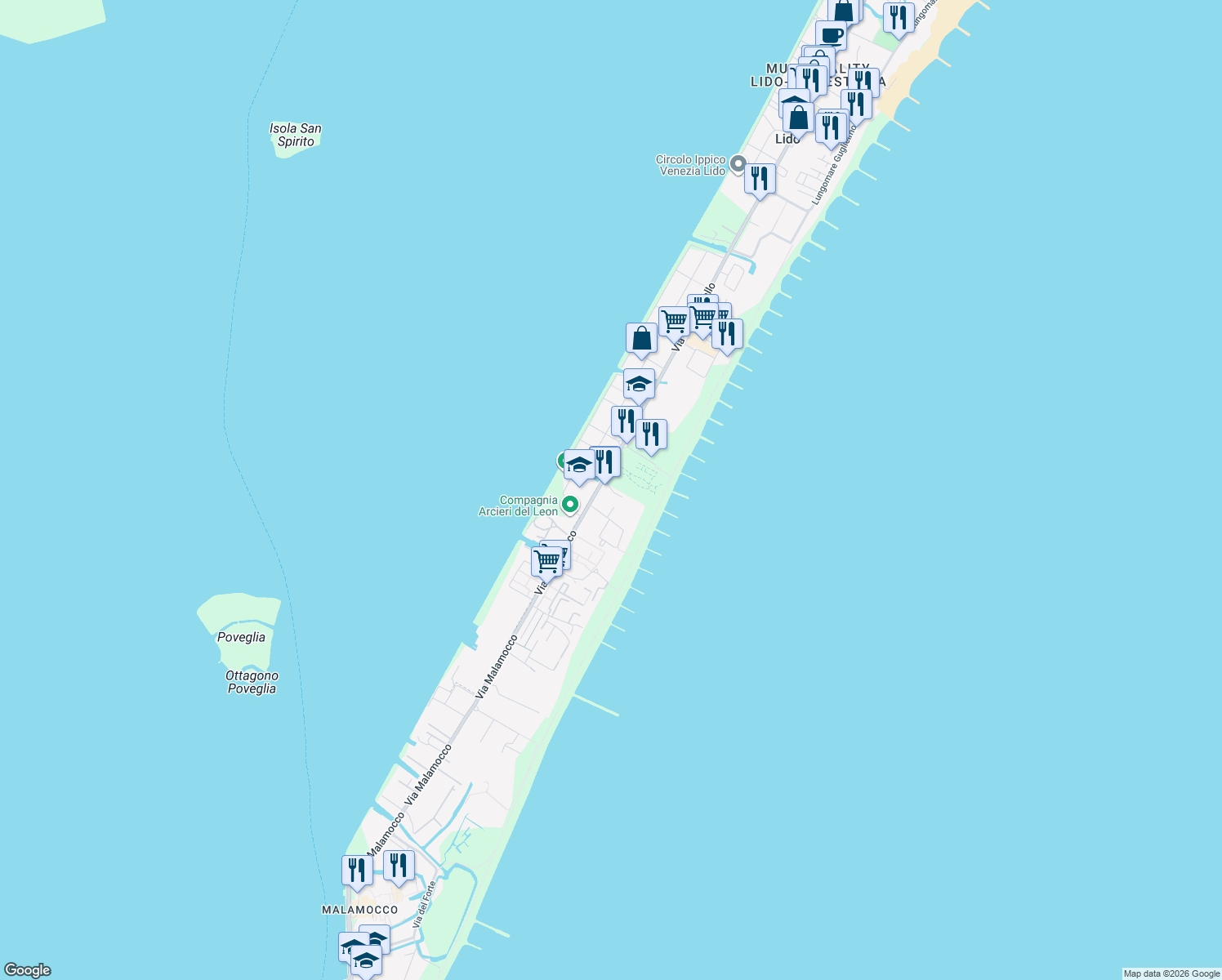 map of restaurants, bars, coffee shops, grocery stores, and more near 5 Via Bernardino Stagnino in Lido