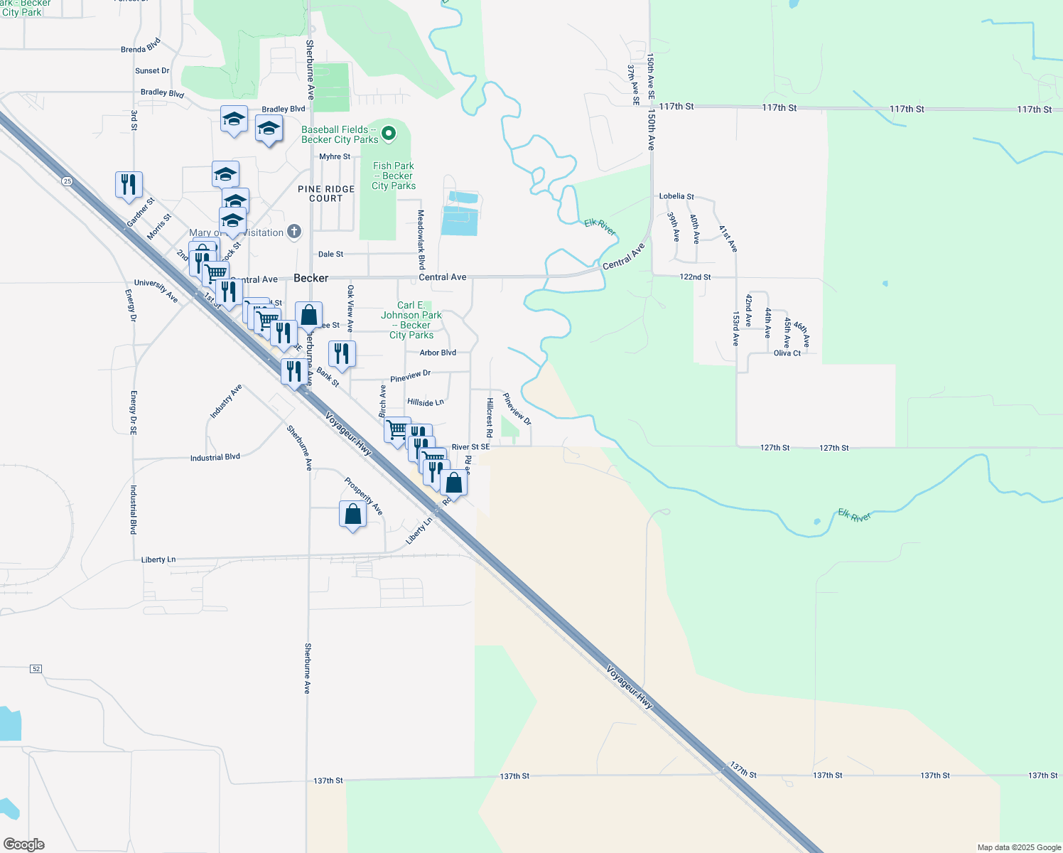 map of restaurants, bars, coffee shops, grocery stores, and more near 14829 Pineview Drive in Becker