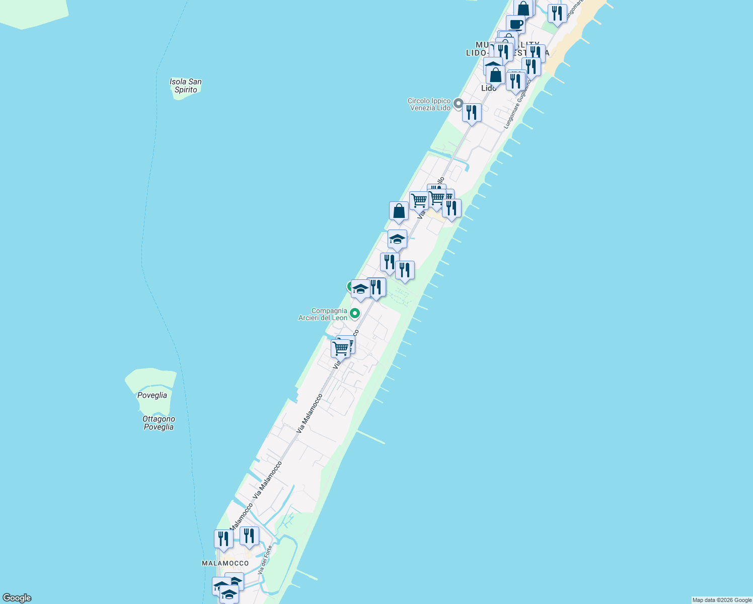 map of restaurants, bars, coffee shops, grocery stores, and more near 5 Via Bernardino Stagnino in Lido