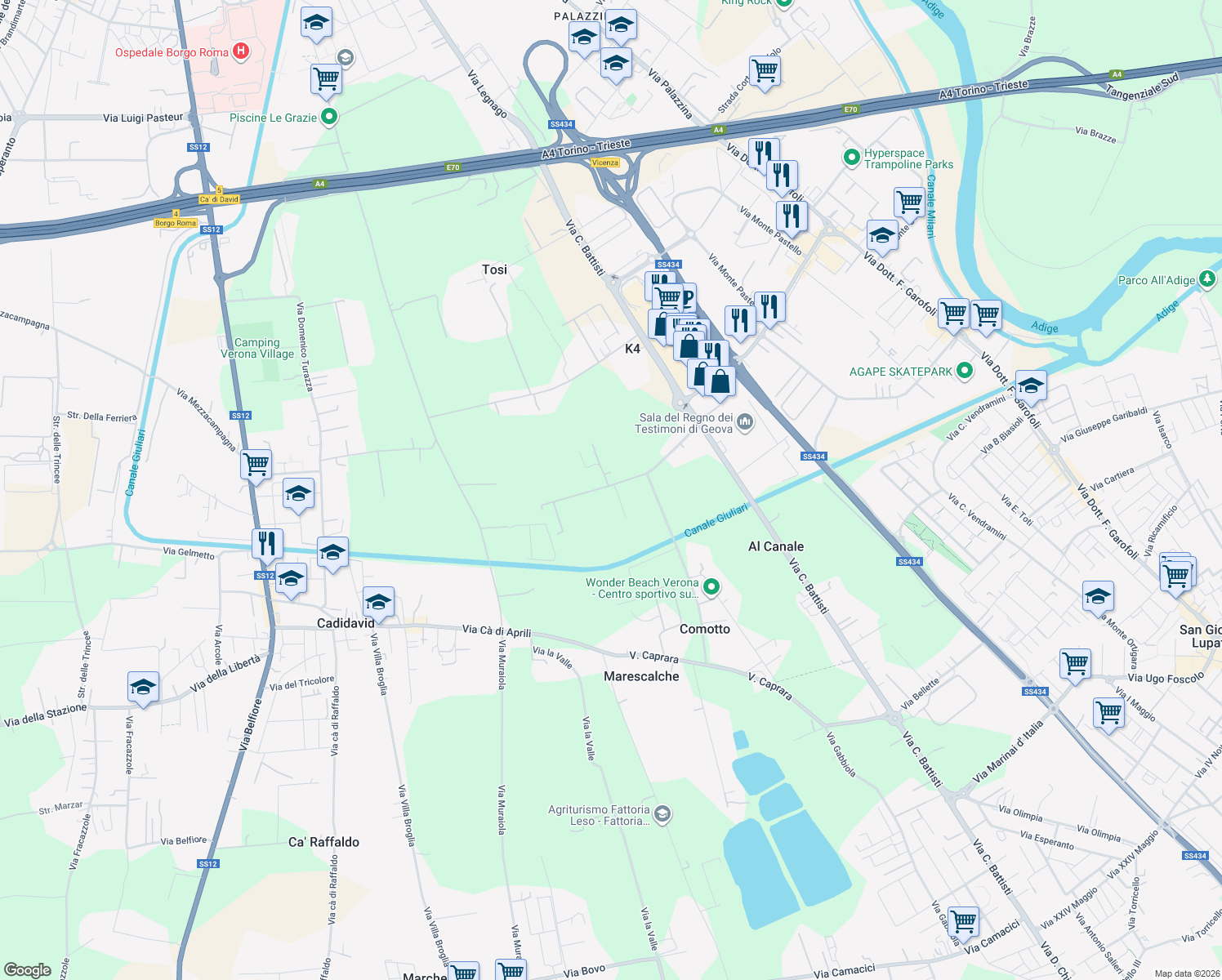 map of restaurants, bars, coffee shops, grocery stores, and more near 100 Via Rodigina in Provincia di Verona