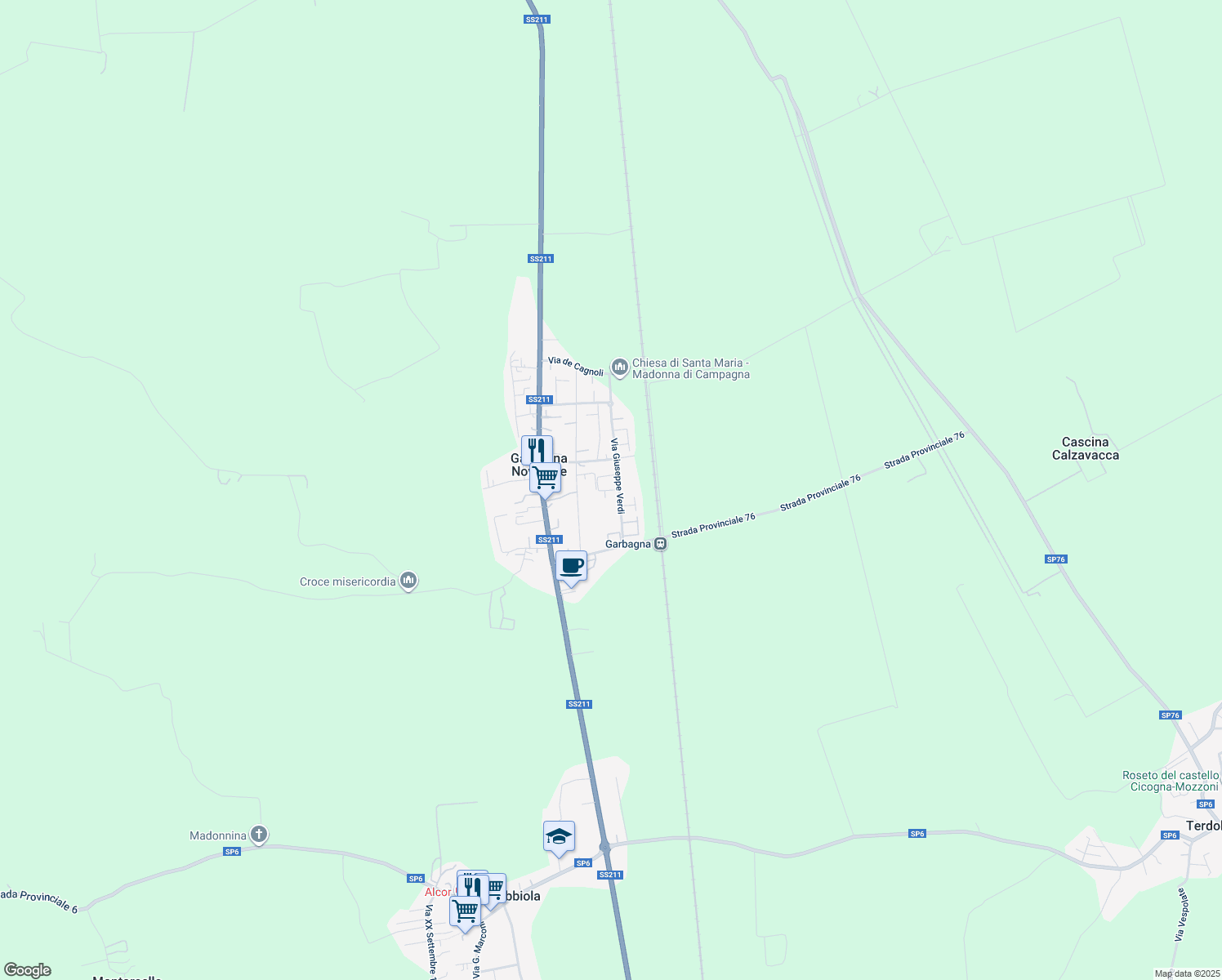 map of restaurants, bars, coffee shops, grocery stores, and more near 110 Via Giuseppe Verdi in Provincia di Novara