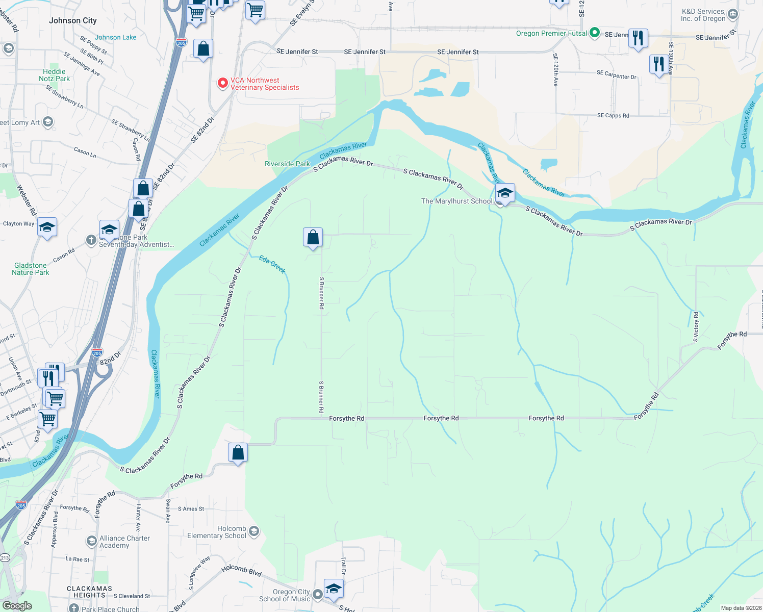 map of restaurants, bars, coffee shops, grocery stores, and more near Skirbin Lane in Oregon City
