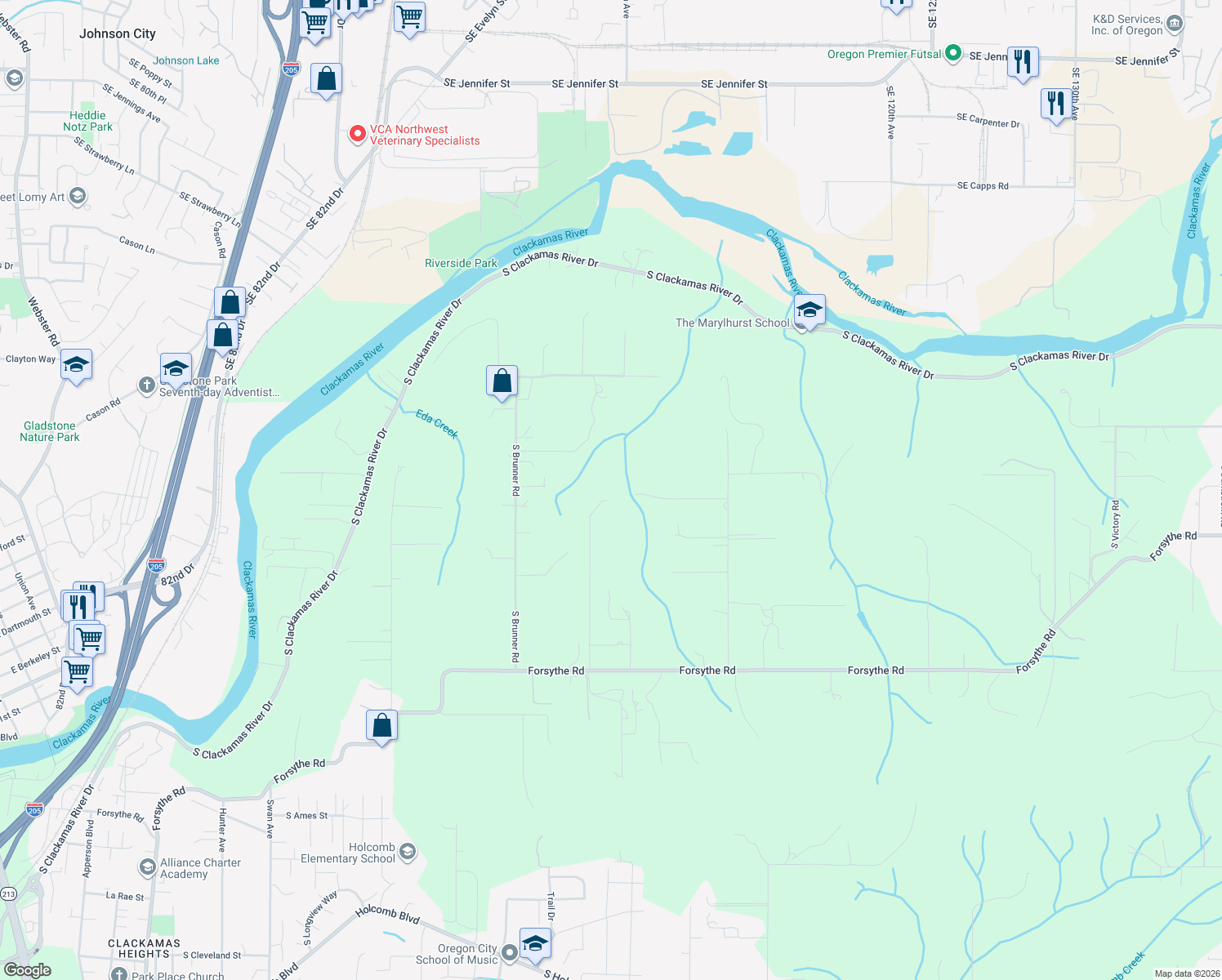 map of restaurants, bars, coffee shops, grocery stores, and more near Skirbin Lane in Oregon City