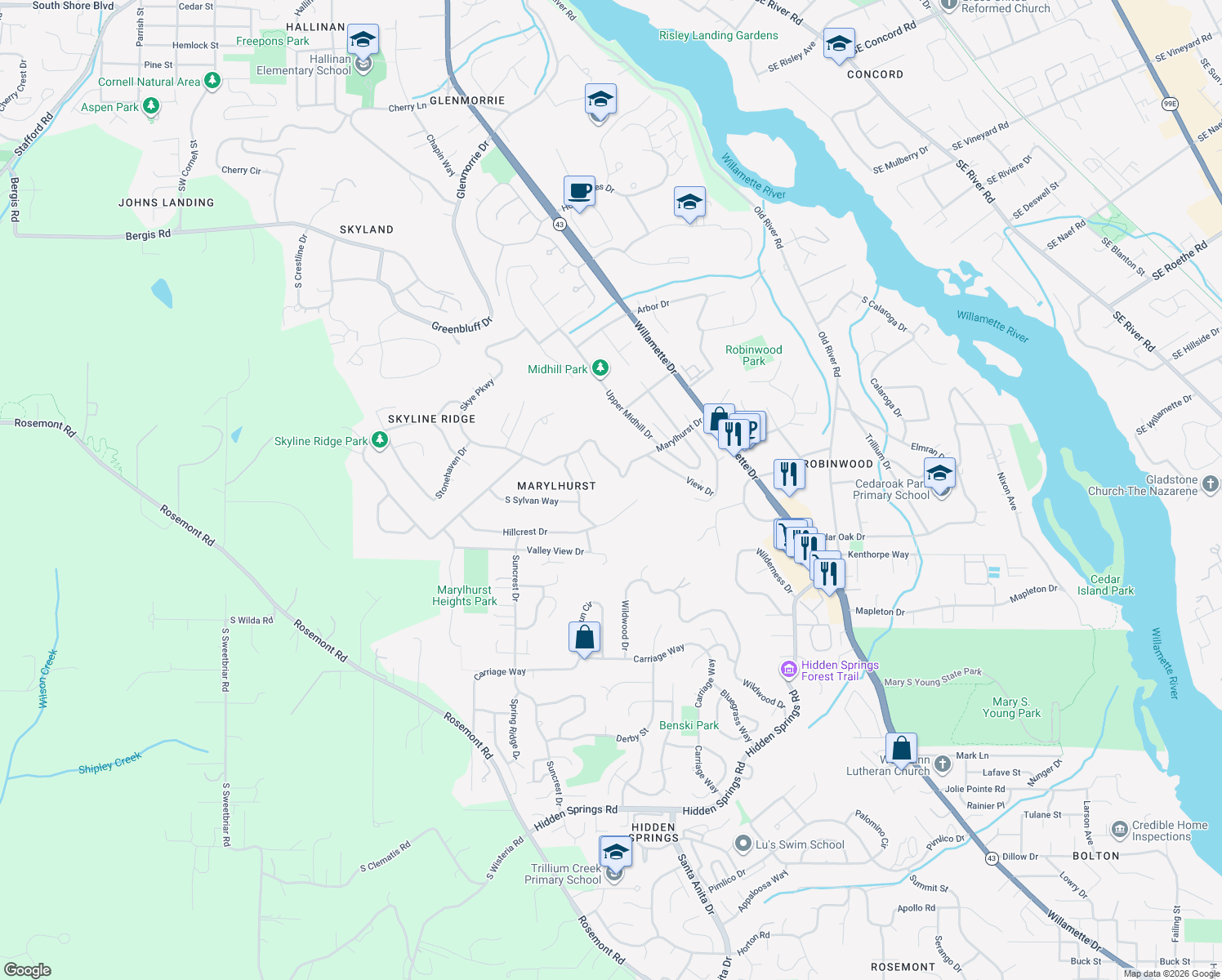 map of restaurants, bars, coffee shops, grocery stores, and more near 2320 Marylhurst Drive in West Linn