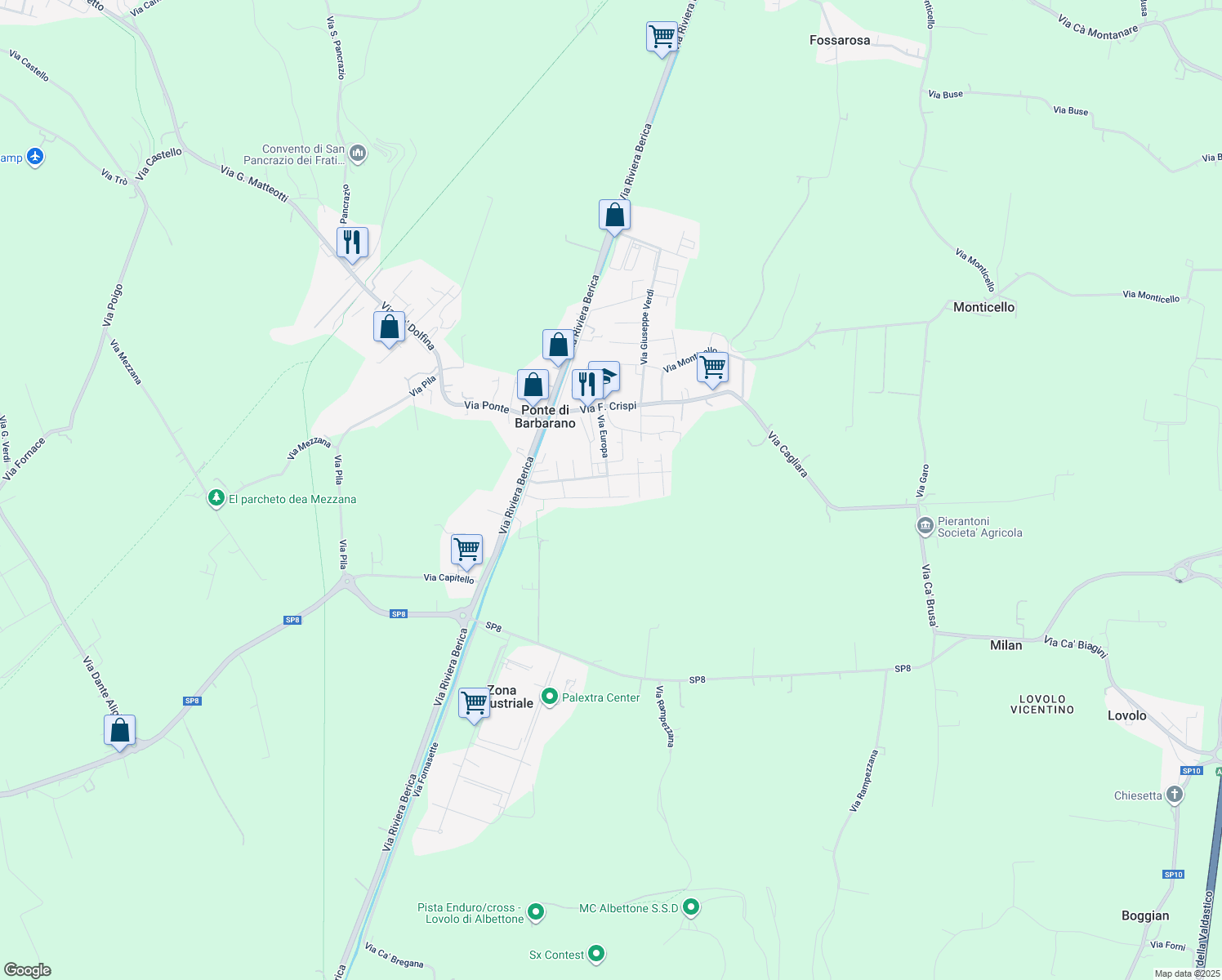 map of restaurants, bars, coffee shops, grocery stores, and more near 58 Via Alcide De Gasperi in Ponte di Barbarano