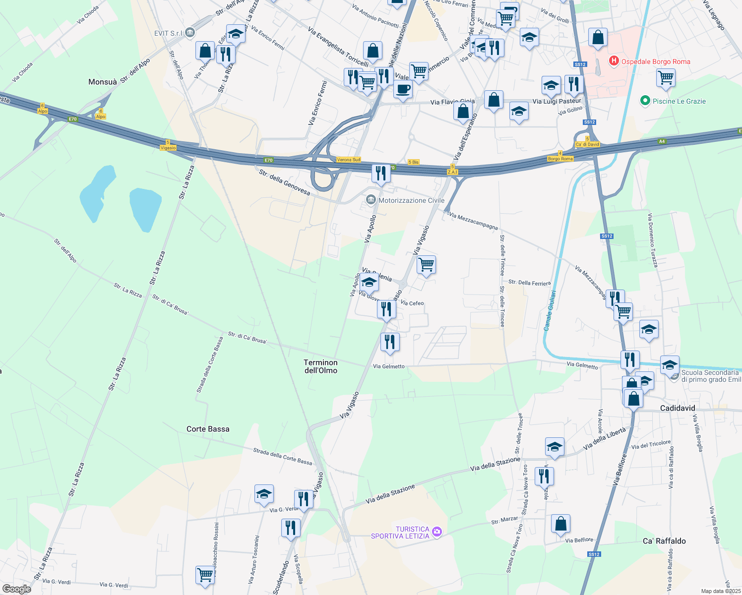 map of restaurants, bars, coffee shops, grocery stores, and more near Via Giove in Verona