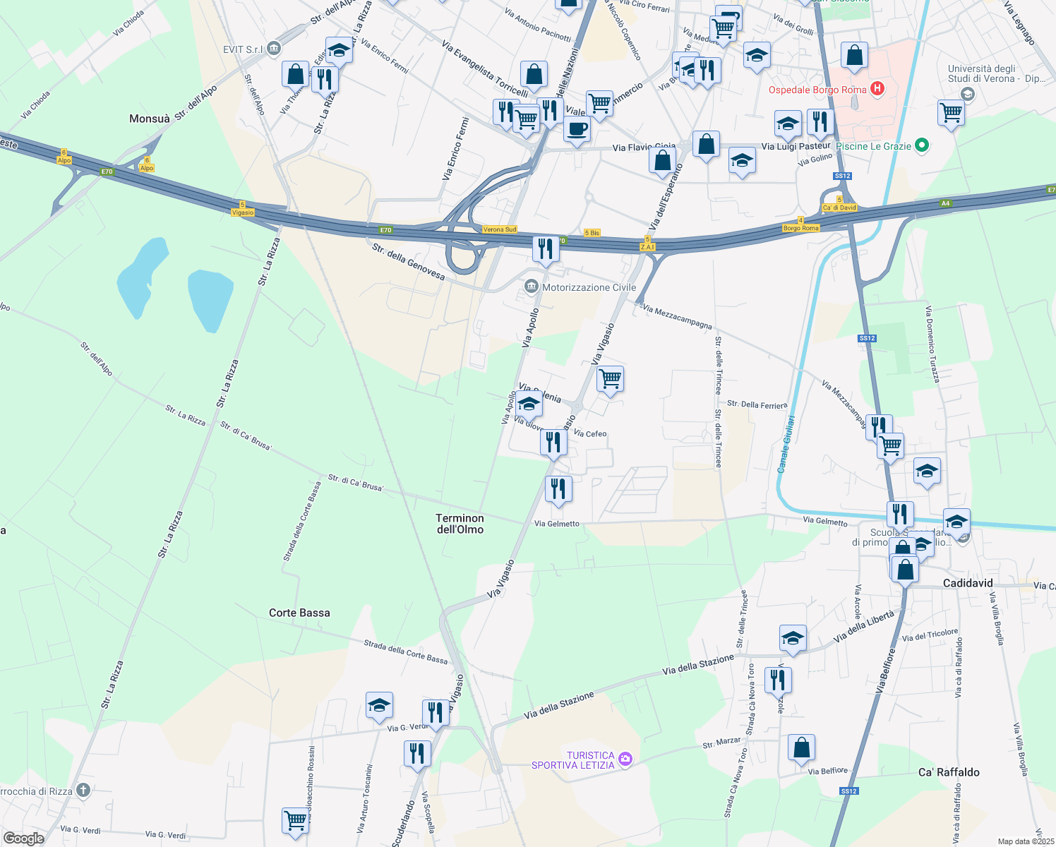 map of restaurants, bars, coffee shops, grocery stores, and more near Via Giove in Verona
