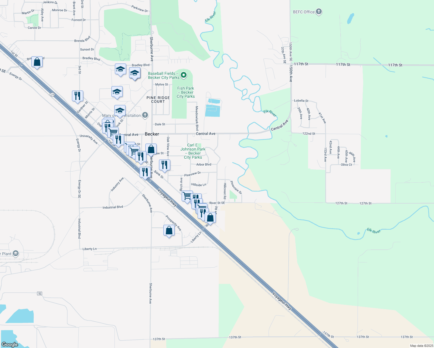map of restaurants, bars, coffee shops, grocery stores, and more near 12697 Rolling Ridge Road in Becker