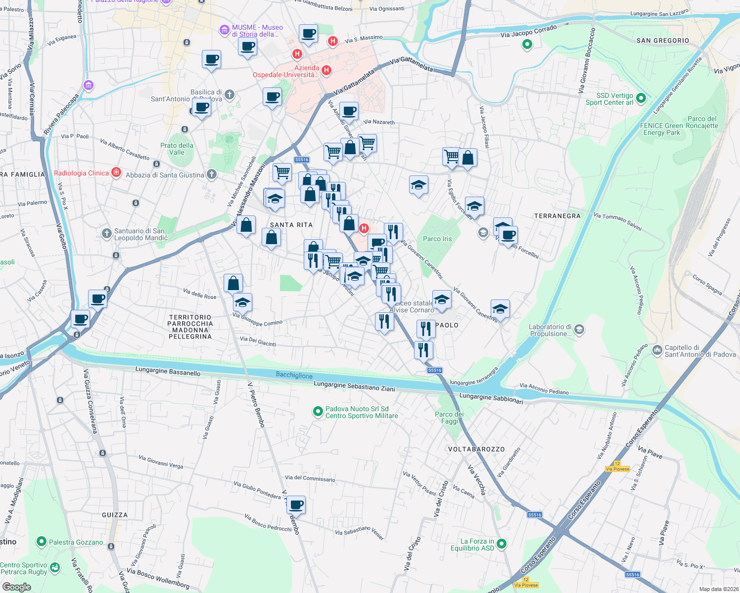 map of restaurants, bars, coffee shops, grocery stores, and more near 91 Via Jacopo Facciolati in Padua