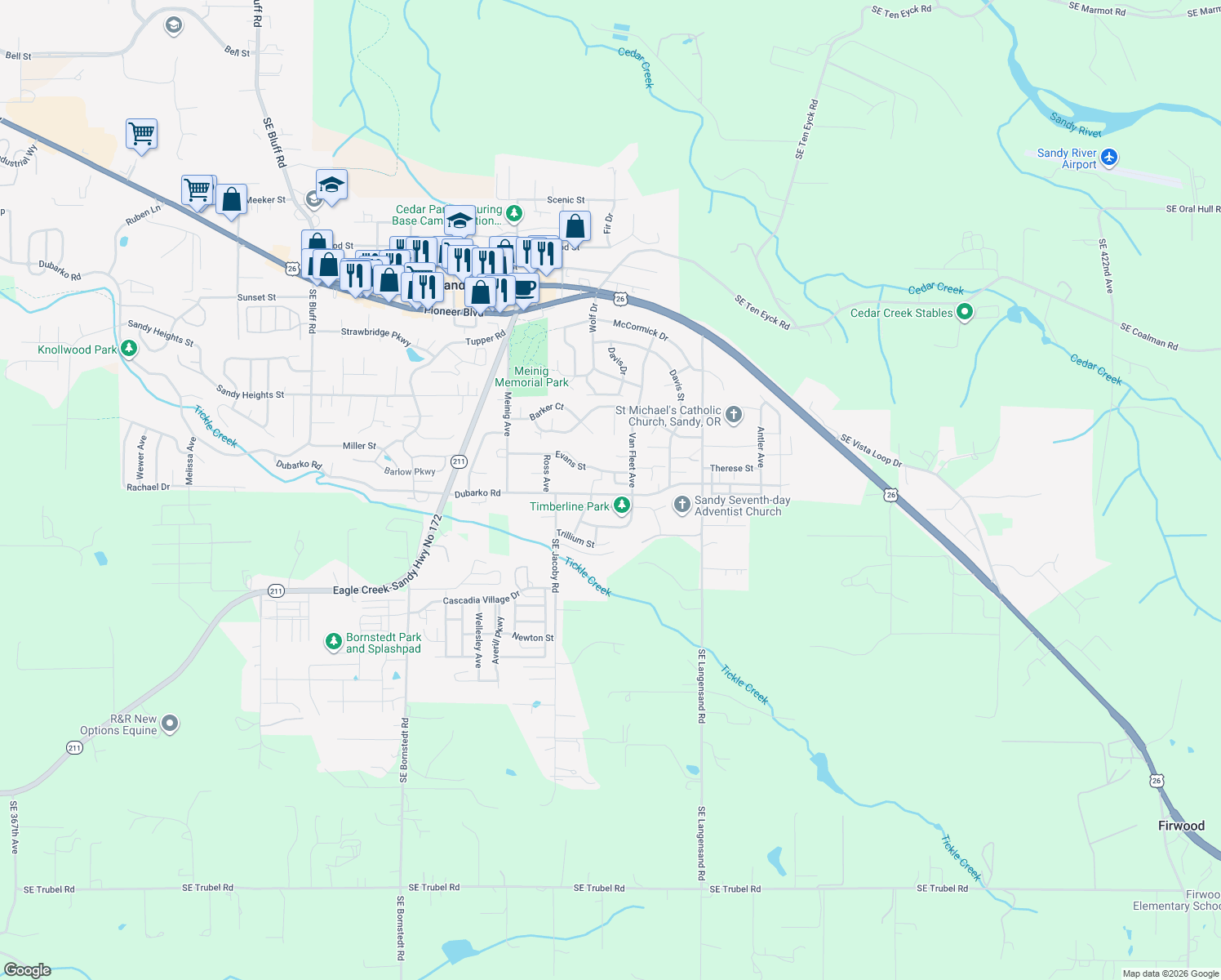 map of restaurants, bars, coffee shops, grocery stores, and more near 39784 Syblon Lane in Sandy