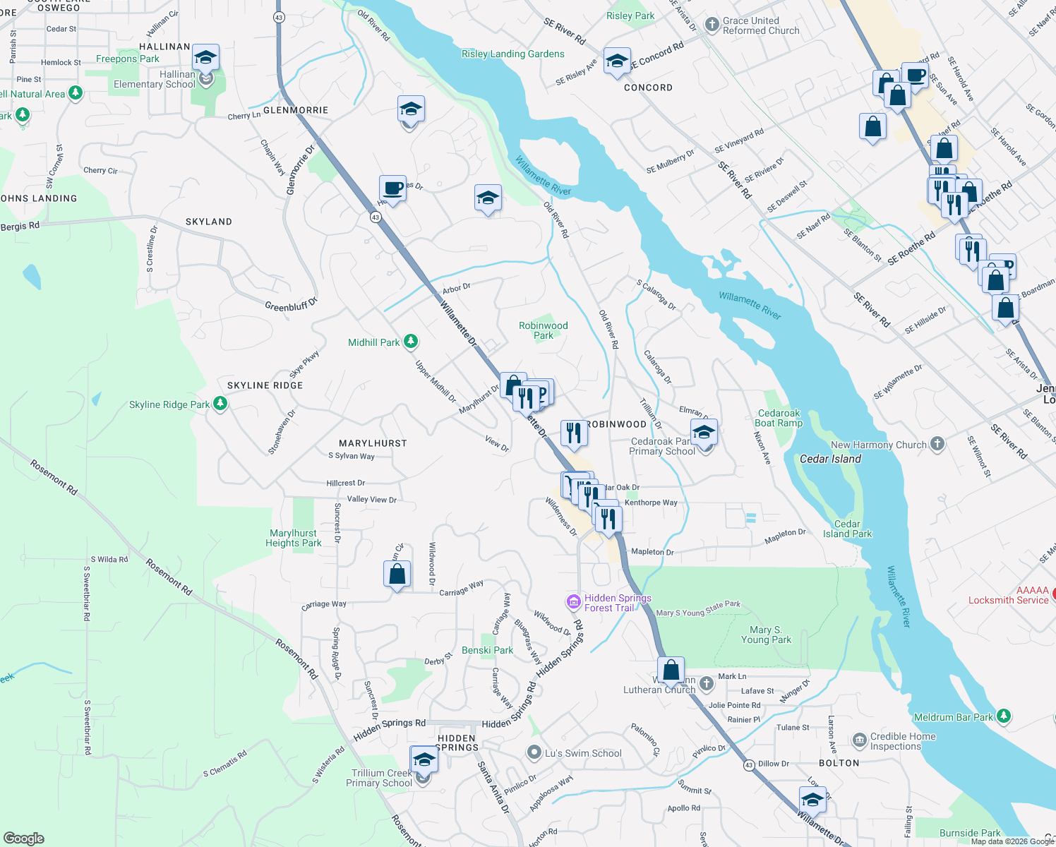 map of restaurants, bars, coffee shops, grocery stores, and more near 18711 Willamette Drive in West Linn