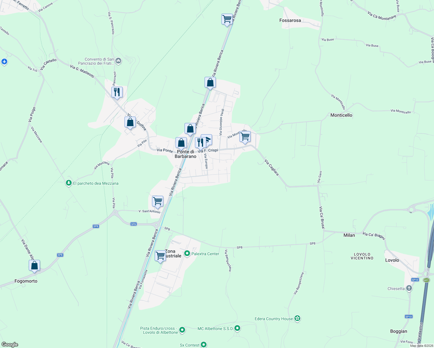 map of restaurants, bars, coffee shops, grocery stores, and more near 25 Via Alcide De Gasperi in Ponte di Barbarano
