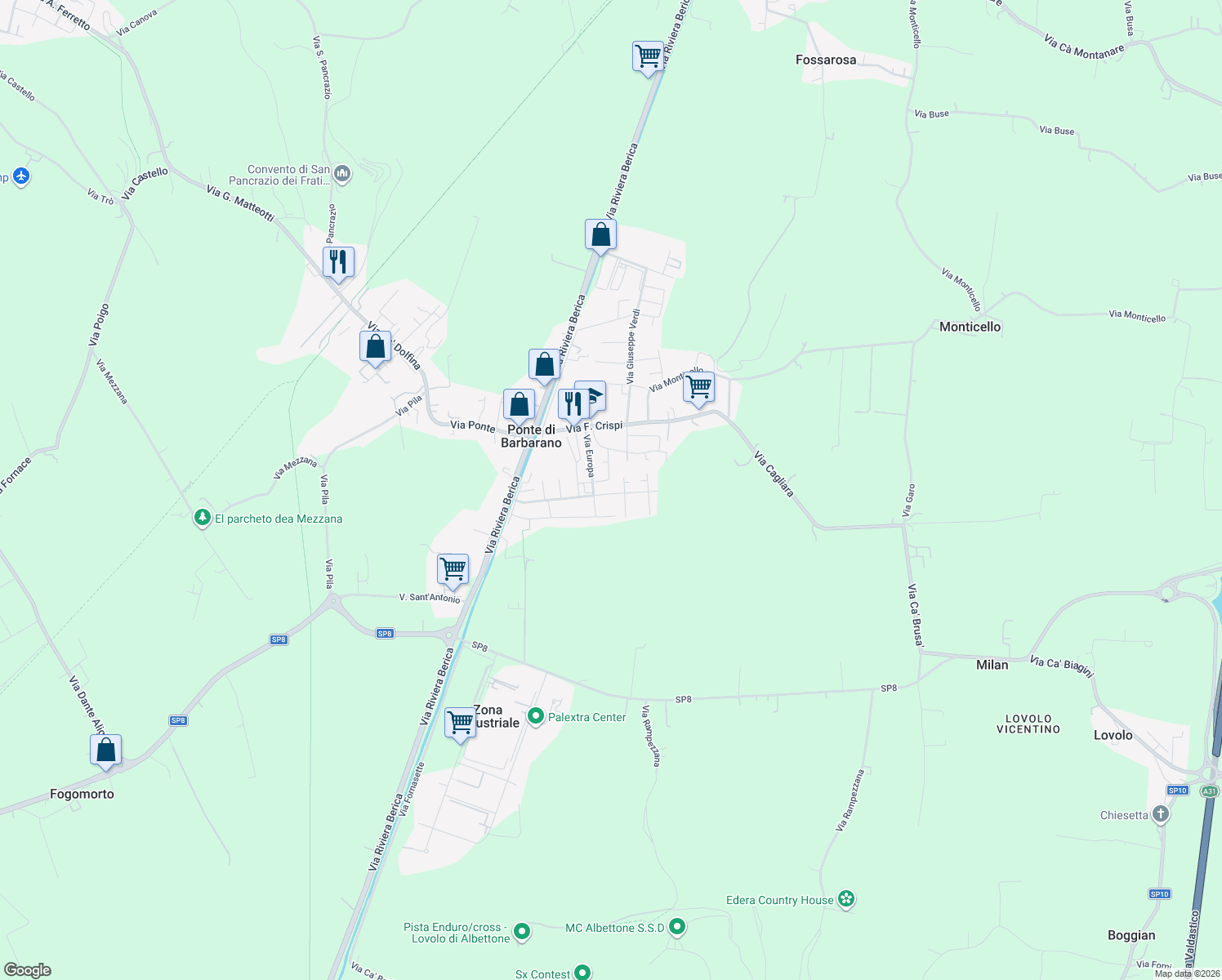 map of restaurants, bars, coffee shops, grocery stores, and more near 25 Via Alcide De Gasperi in Ponte di Barbarano