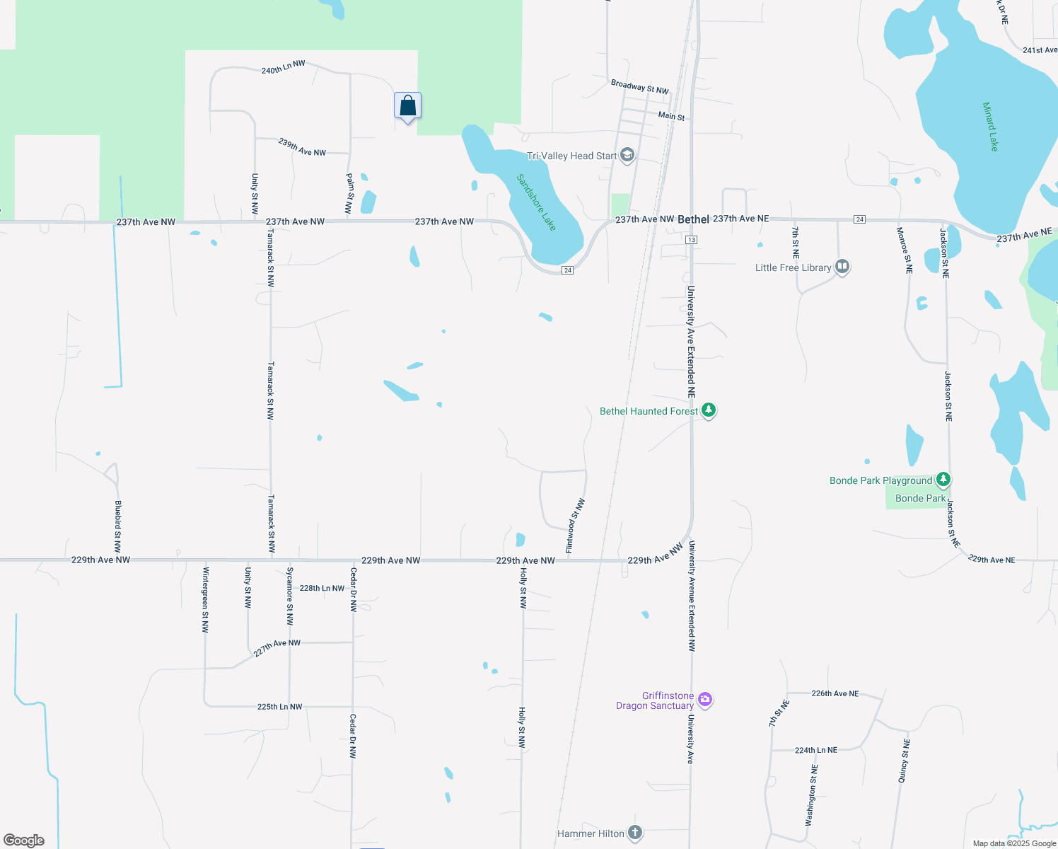 map of restaurants, bars, coffee shops, grocery stores, and more near 383 231st Avenue Northwest in Saint Francis