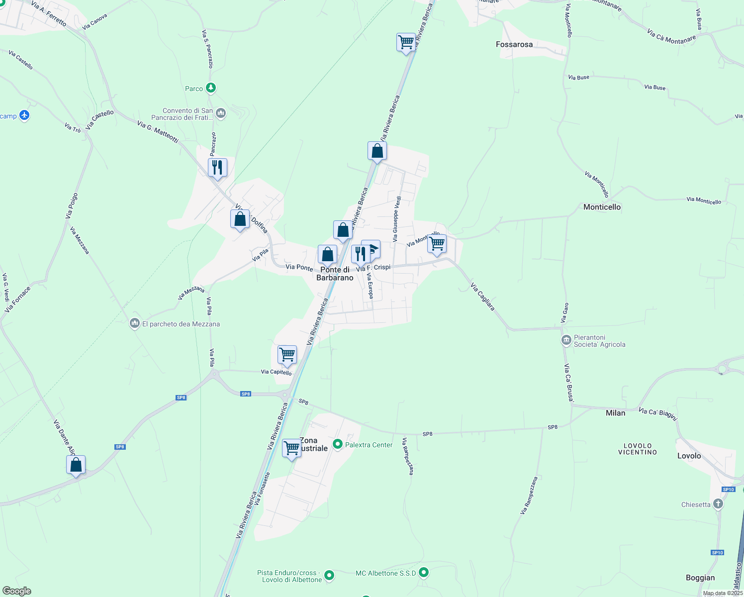 map of restaurants, bars, coffee shops, grocery stores, and more near 58 Via Alcide De Gasperi in Ponte di Barbarano