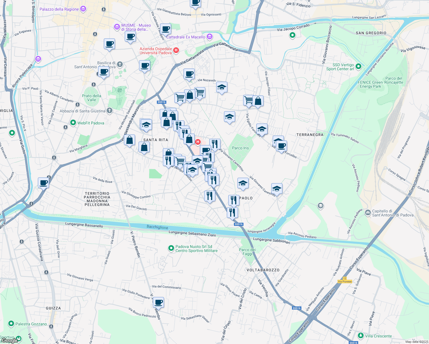 map of restaurants, bars, coffee shops, grocery stores, and more near 31 Via Pietro Brandolese in Padova