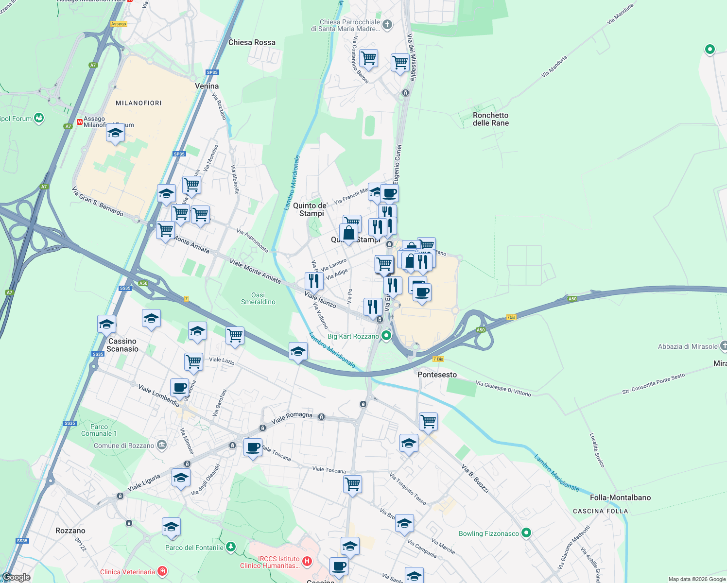 map of restaurants, bars, coffee shops, grocery stores, and more near 194/F Via Eugenio Curiel in Rozzano