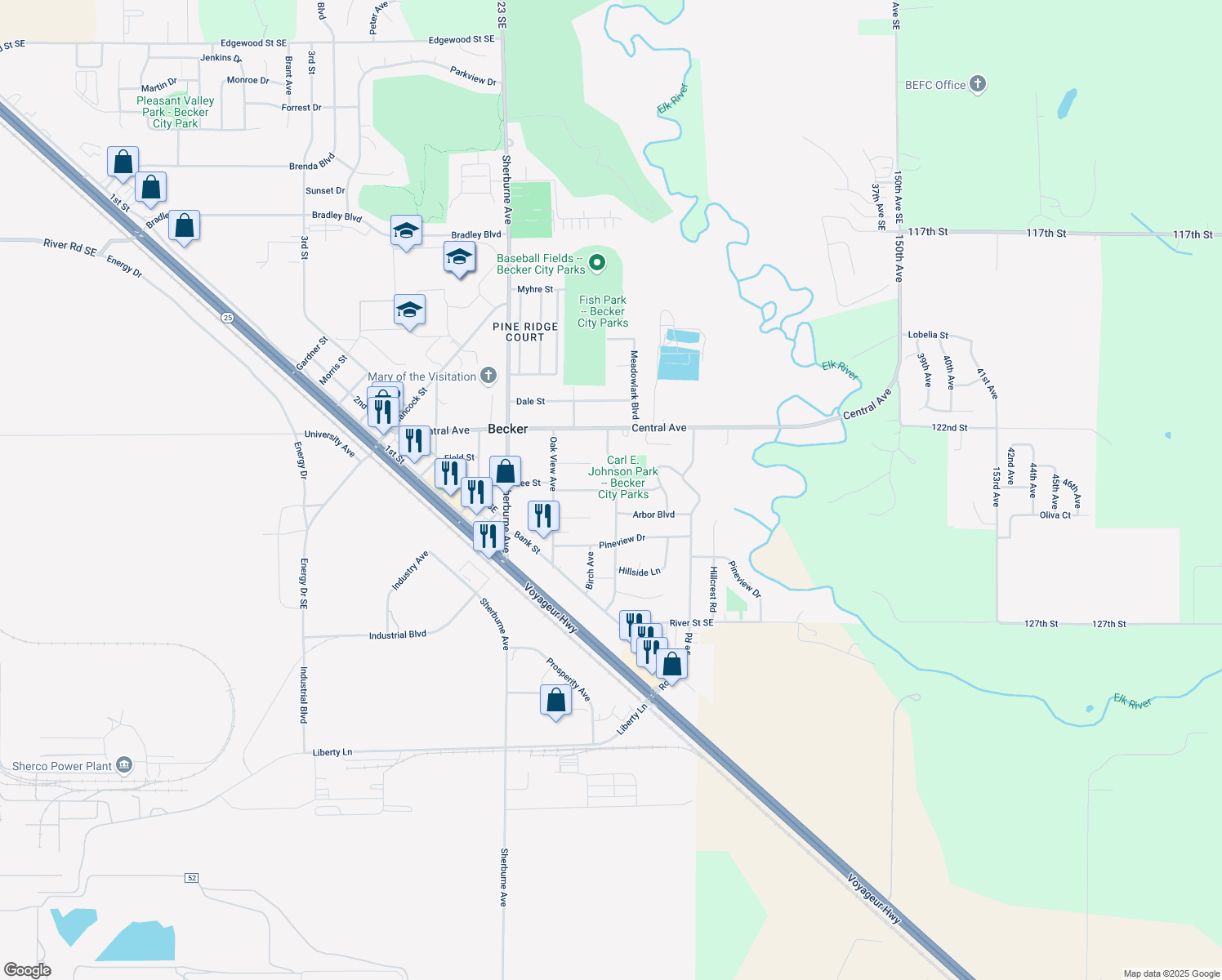 map of restaurants, bars, coffee shops, grocery stores, and more near 14285 Balsam Boulevard in Becker
