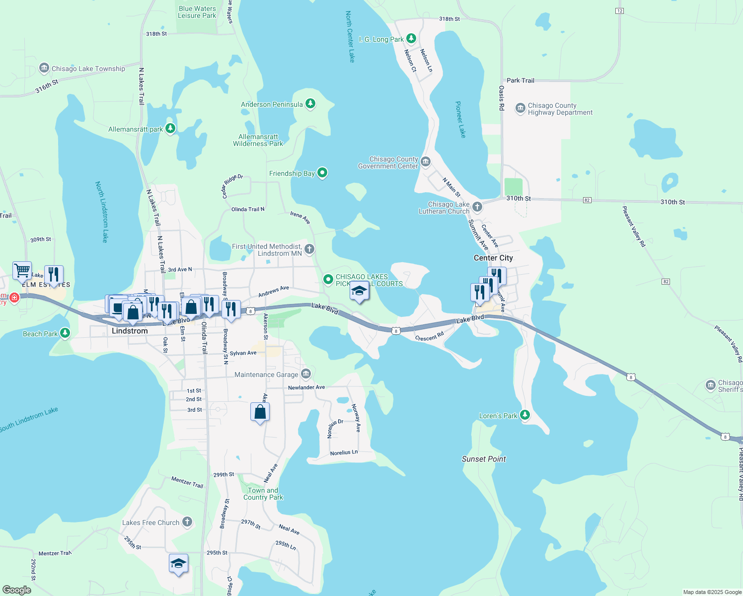 map of restaurants, bars, coffee shops, grocery stores, and more near 30645 Nystrom Lane in Lindstrom