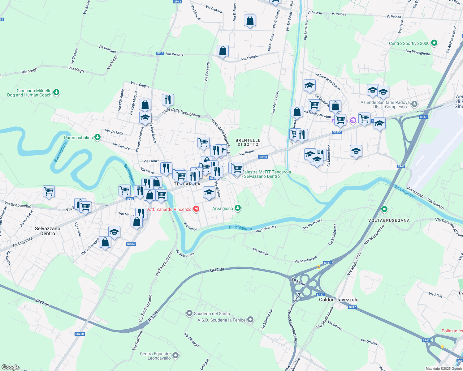 map of restaurants, bars, coffee shops, grocery stores, and more near 1 Via Monte Alto in Padova
