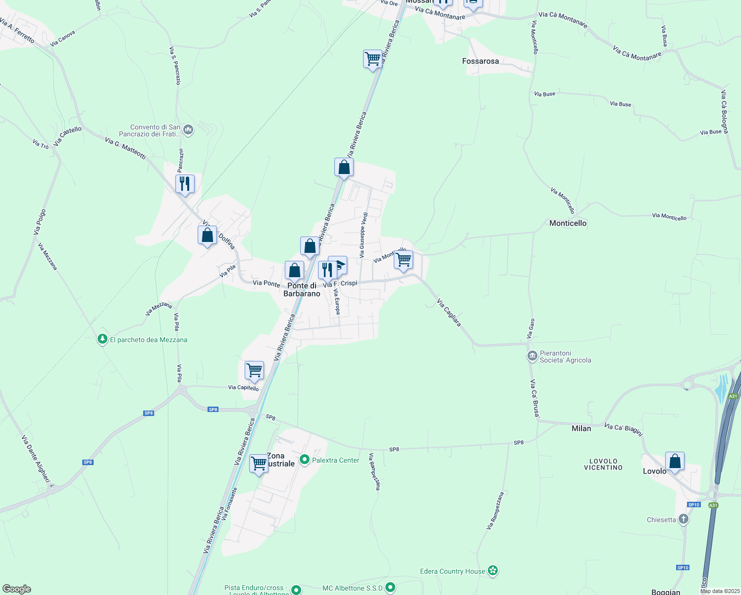 map of restaurants, bars, coffee shops, grocery stores, and more near 41 Via Montagnola in Ponte di Barbarano