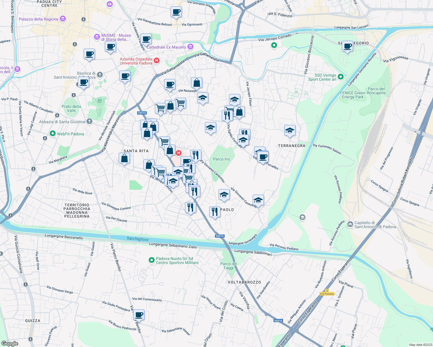 map of restaurants, bars, coffee shops, grocery stores, and more near 113 Via Giovanni Canestrini in Padova