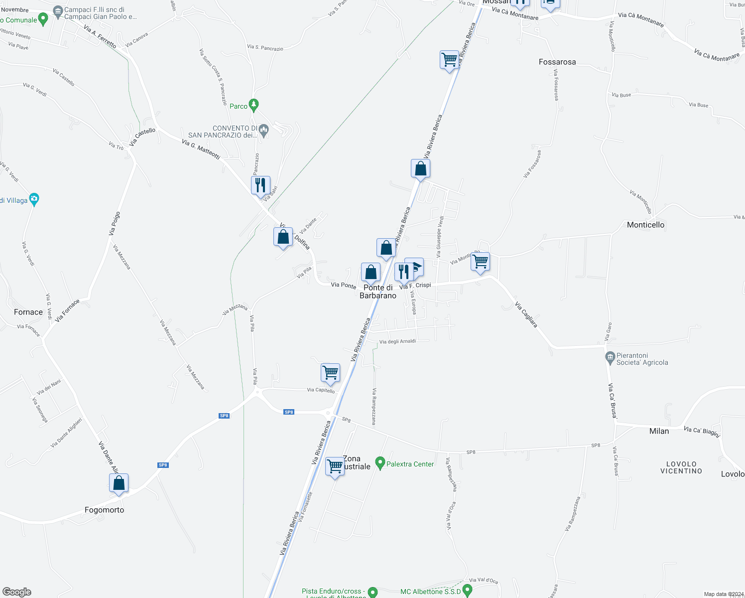 map of restaurants, bars, coffee shops, grocery stores, and more near 23 Via Riviera Berica in Ponte di Barbarano