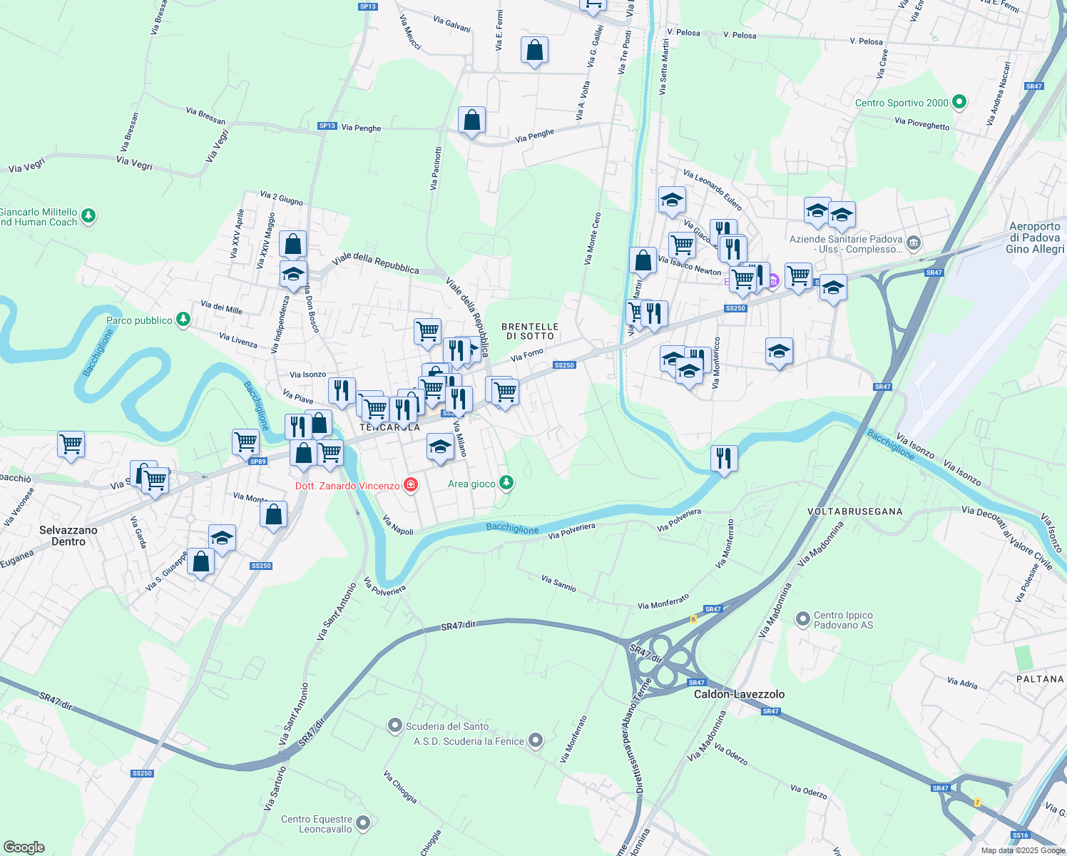 map of restaurants, bars, coffee shops, grocery stores, and more near 15 Via Trento in Selvazzano Dentro