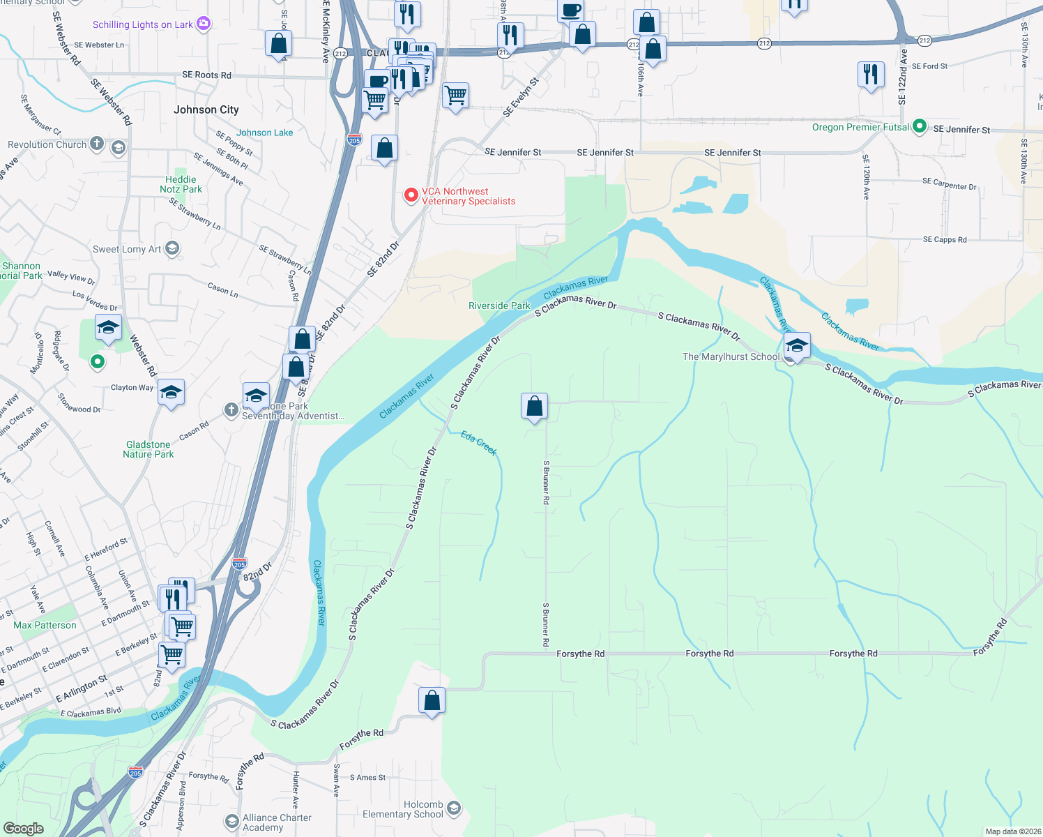 map of restaurants, bars, coffee shops, grocery stores, and more near 14807 South Brunner Road in Oregon City
