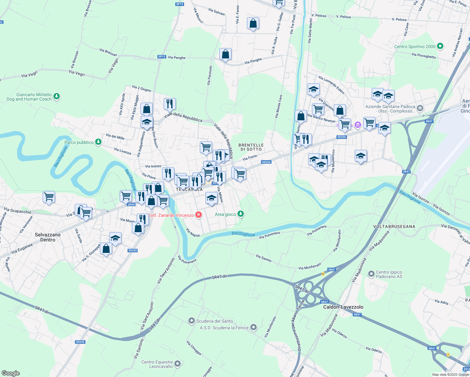 map of restaurants, bars, coffee shops, grocery stores, and more near 1 Via Monte Alto in Padova