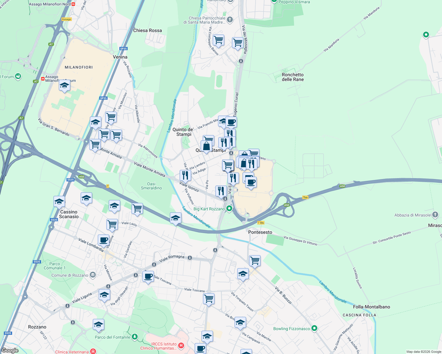 map of restaurants, bars, coffee shops, grocery stores, and more near 194/F Via Eugenio Curiel in Rozzano